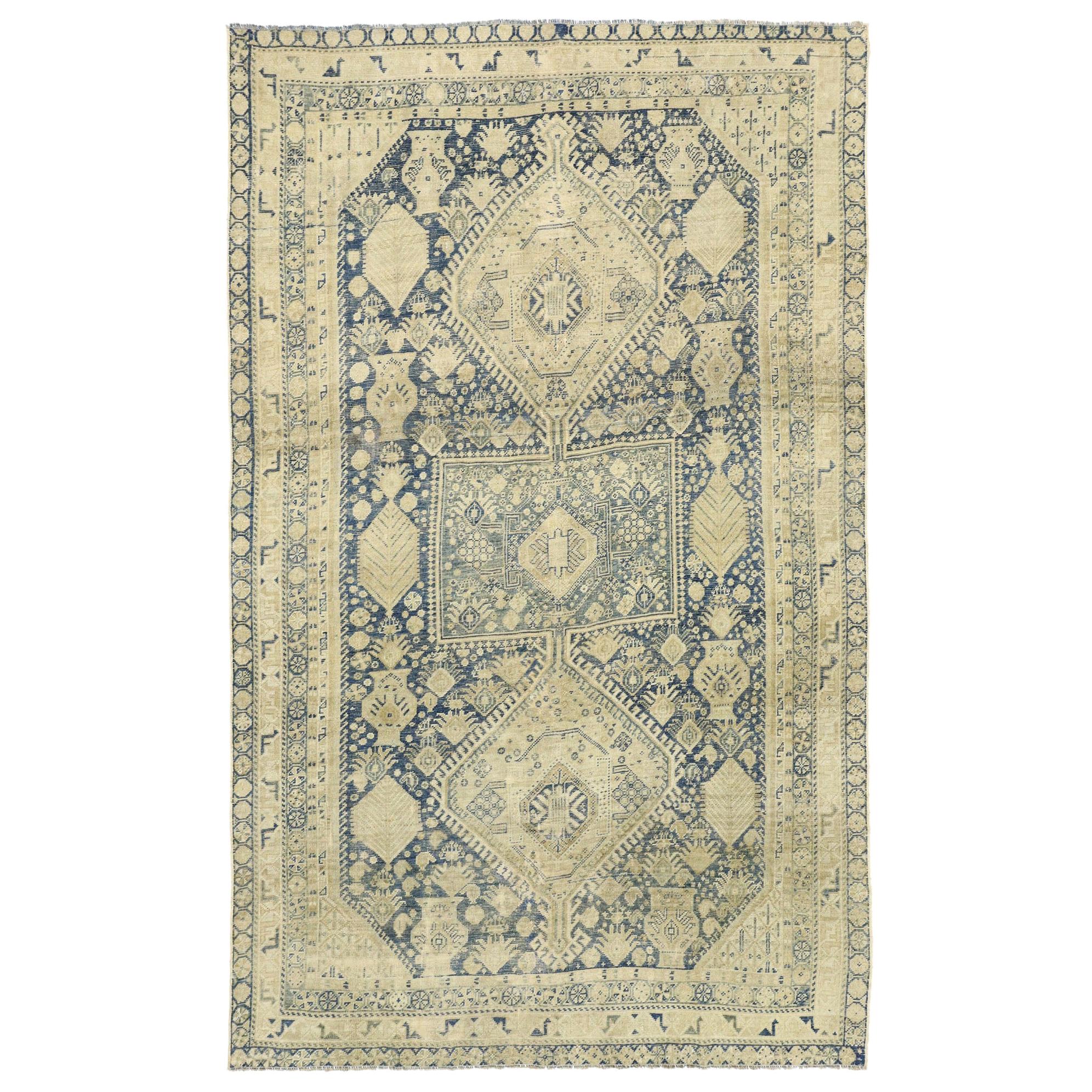 Distressed Antique Persian Shiraz Design Rug with British Colonial Style For Sale