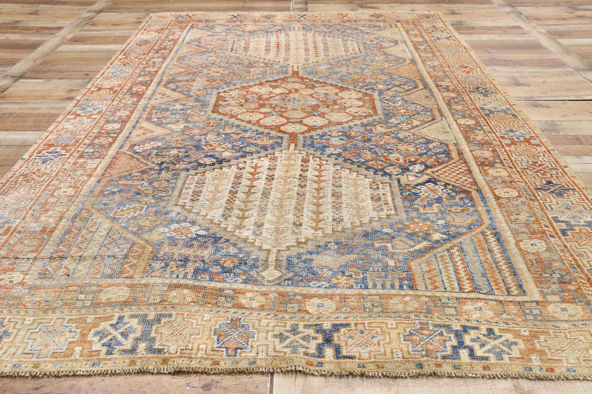 Distressed Antique Persian Shiraz Design Rug with Italian Cottage Rustic Style In Distressed Condition For Sale In Dallas, TX