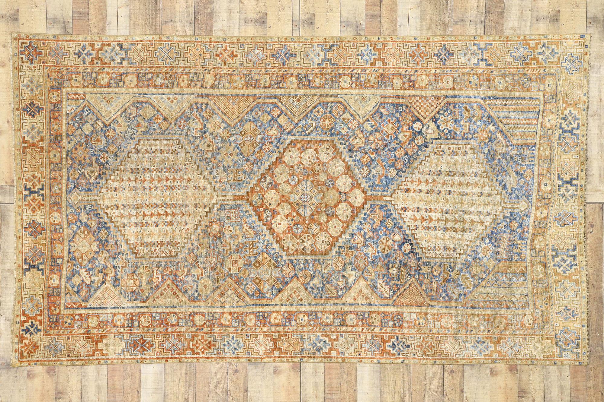 20th Century Distressed Antique Persian Shiraz Design Rug with Italian Cottage Rustic Style For Sale