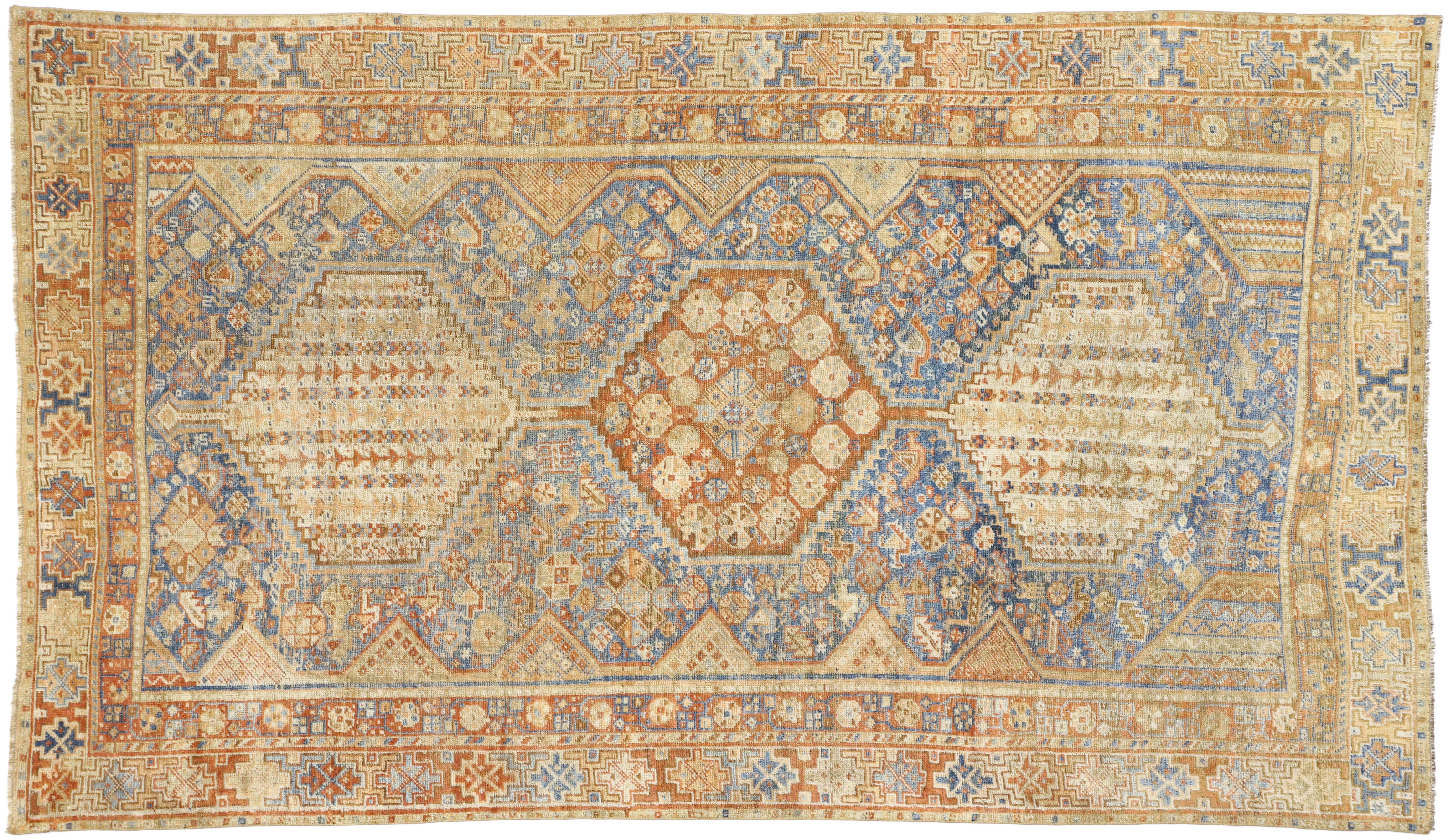 Wool Distressed Antique Persian Shiraz Design Rug with Italian Cottage Rustic Style For Sale