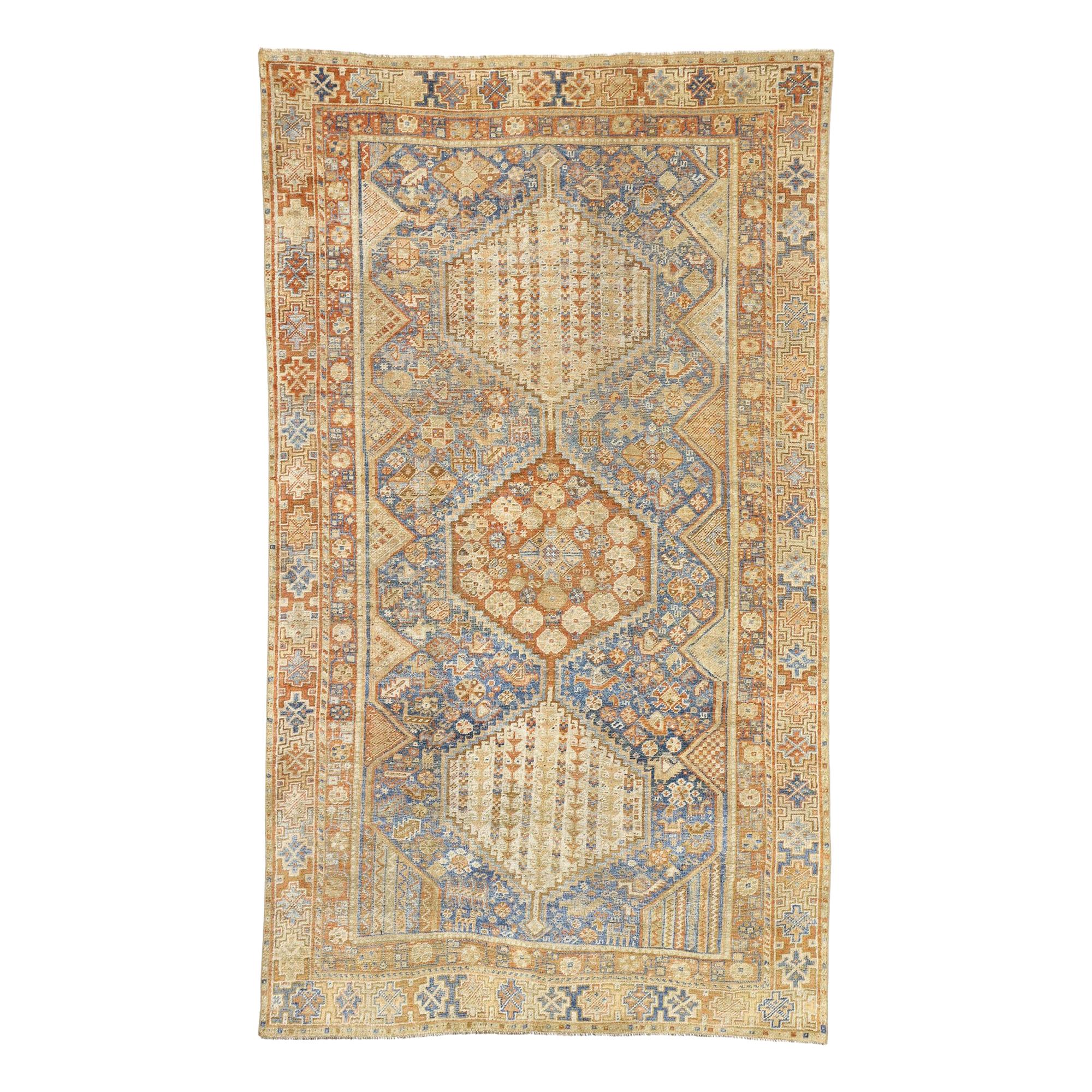 Distressed Antique Persian Shiraz Design Rug with Italian Cottage Rustic Style For Sale