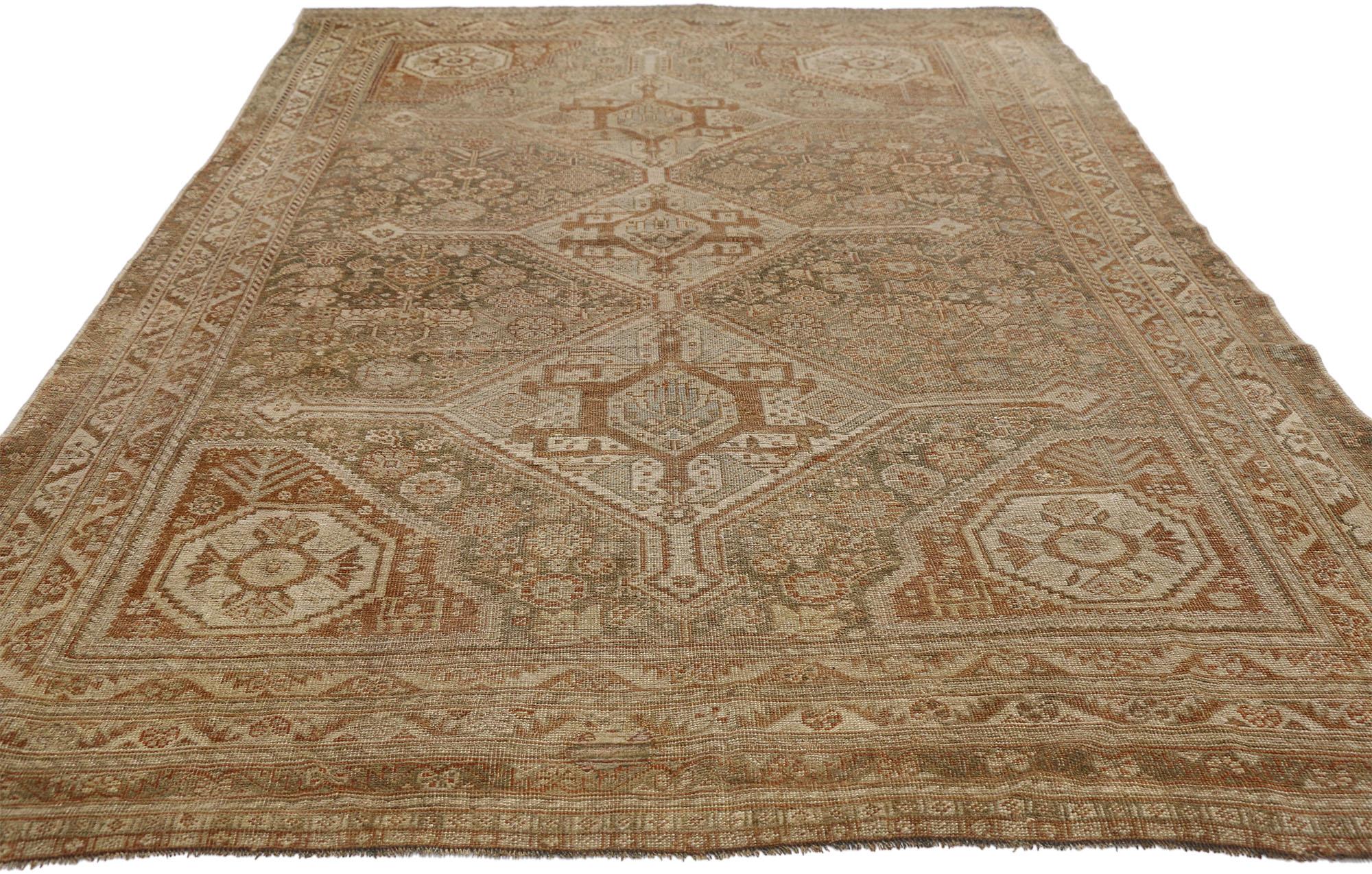 Rustic Antique Earth-Tone Persian Shiraz Carpet, 05'00 x 07'07 For Sale