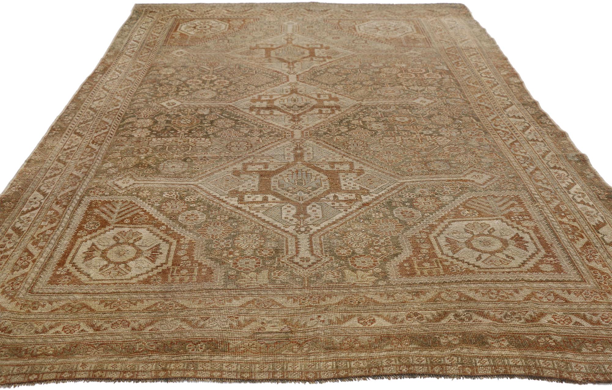 Hand-Knotted Distressed Antique Persian Shiraz Rug with American Craftsman Rustic Style For Sale