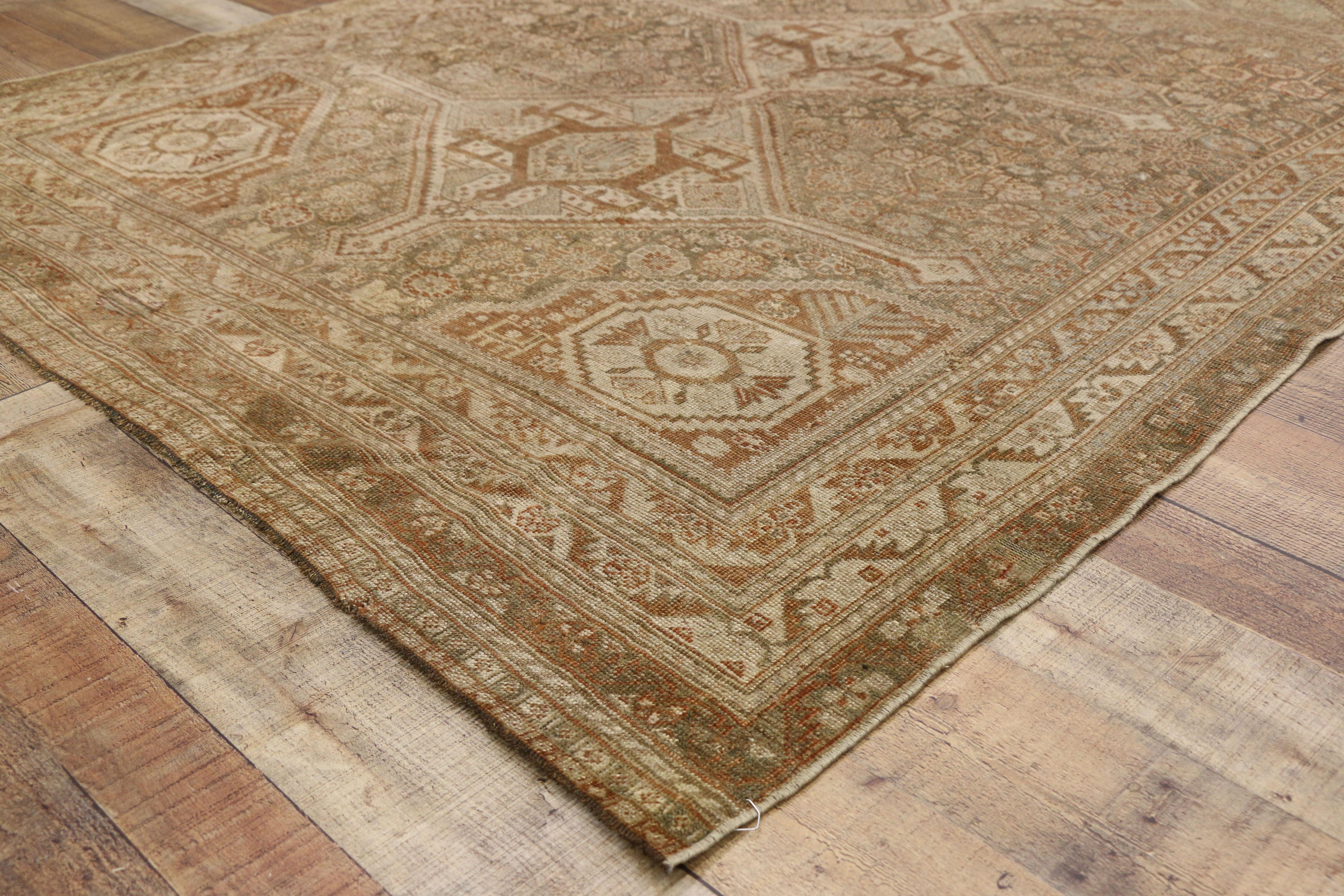 Wool Distressed Antique Persian Shiraz Rug with American Craftsman Rustic Style For Sale