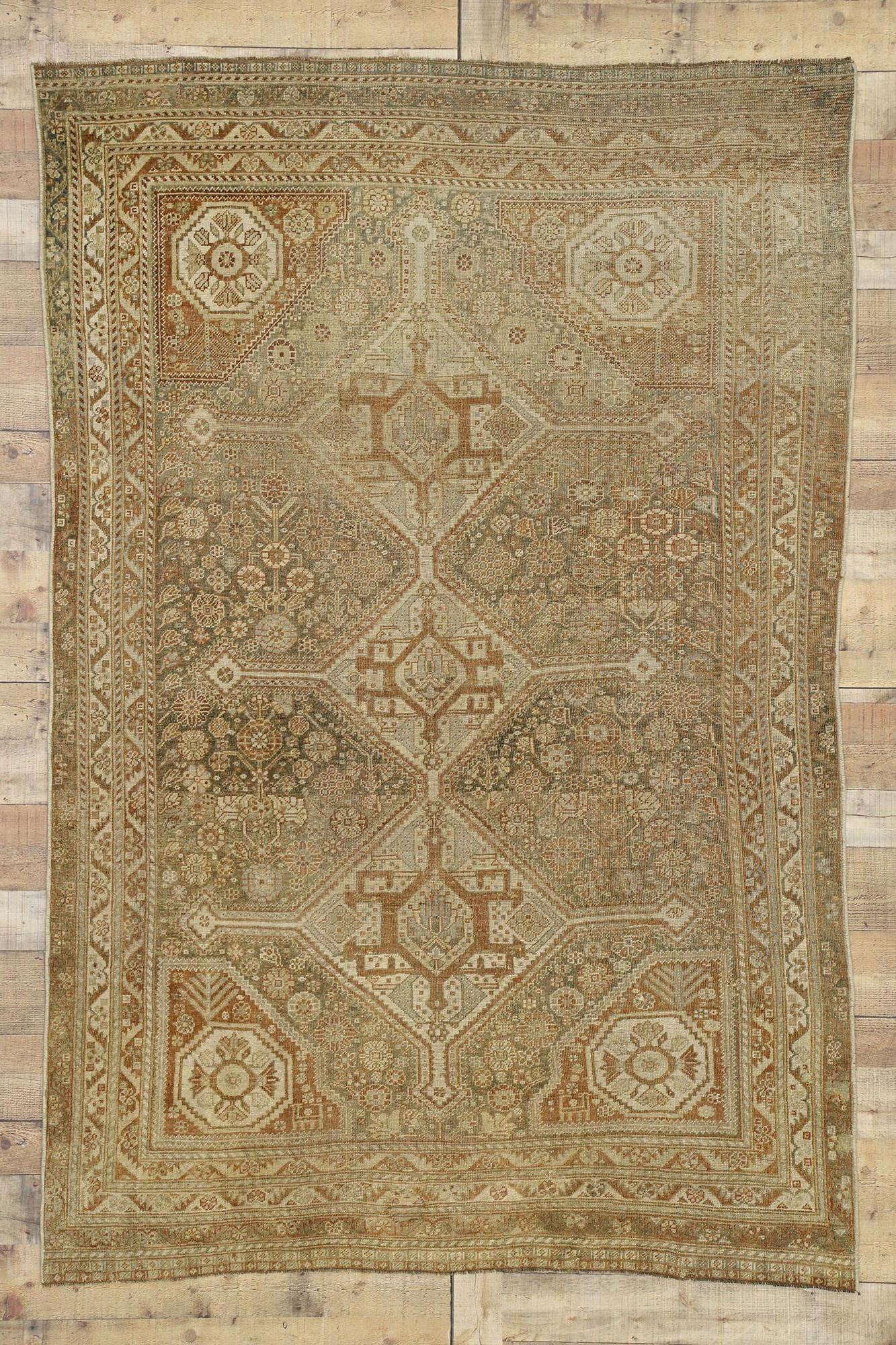 Distressed Antique Persian Shiraz Rug with American Craftsman Rustic Style For Sale 1