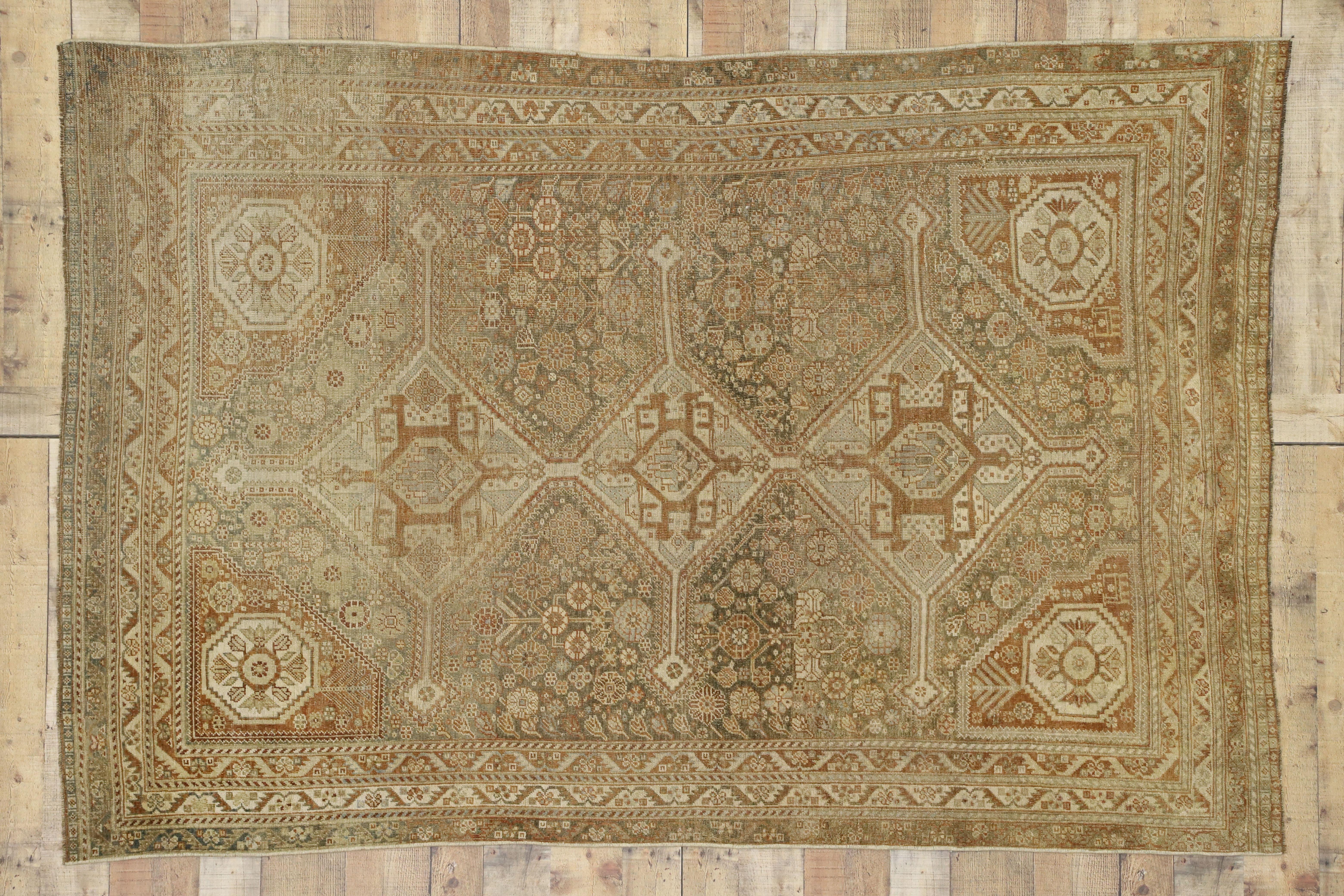 Distressed Antique Persian Shiraz Rug with American Craftsman Rustic Style For Sale 2