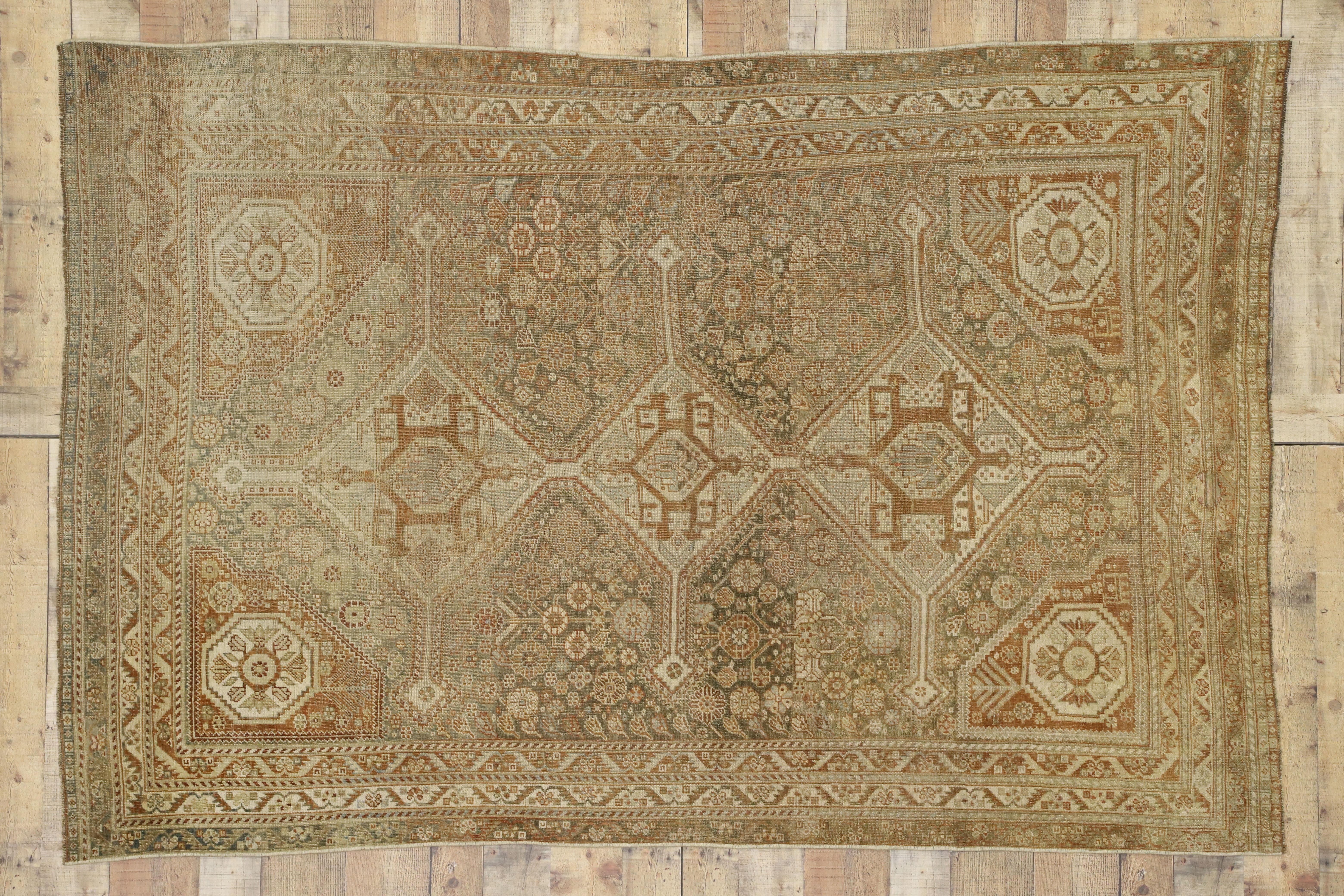 Antique Earth-Tone Persian Shiraz Carpet, 05'00 x 07'07 For Sale 1