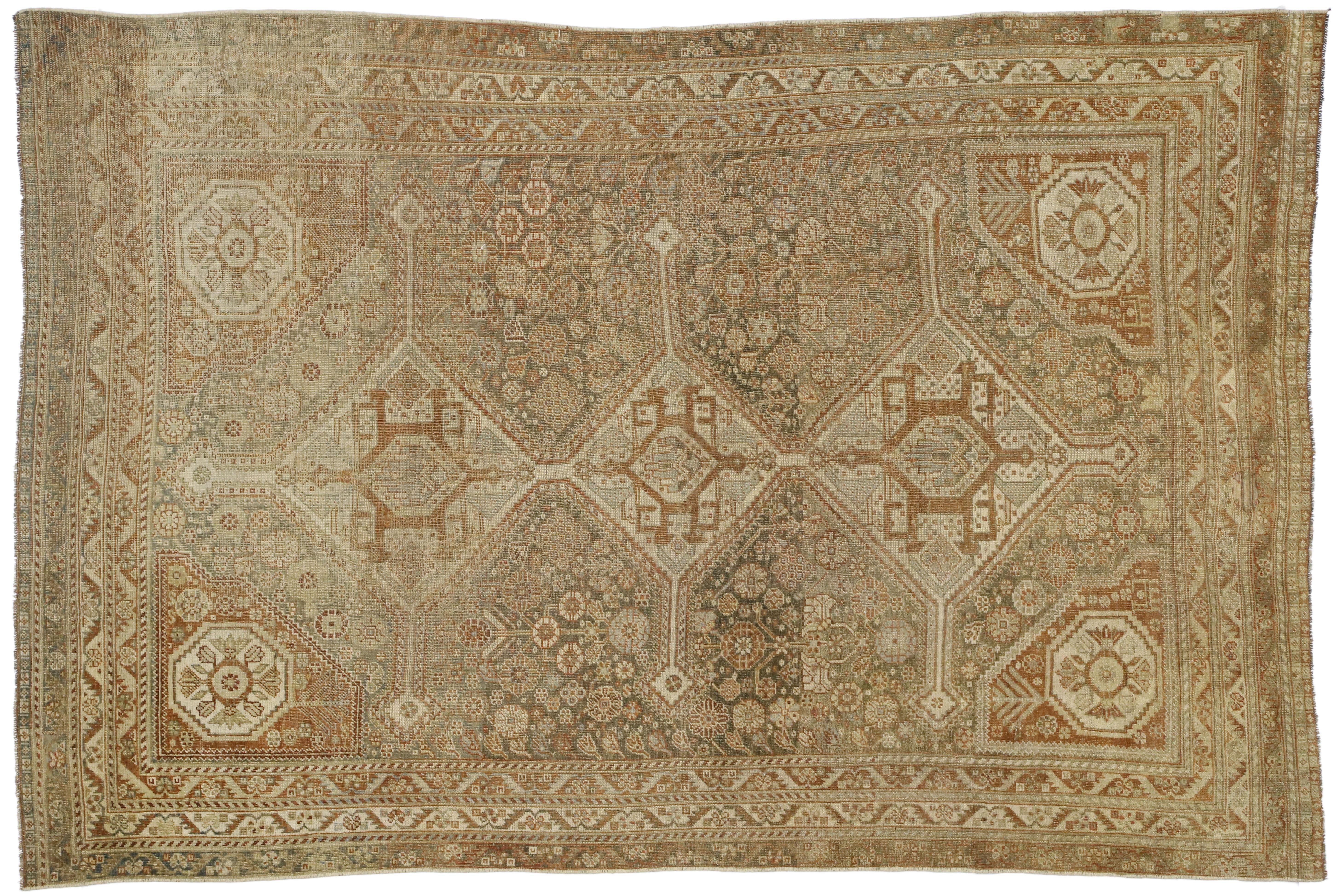 Distressed Antique Persian Shiraz Rug with American Craftsman Rustic Style For Sale 3