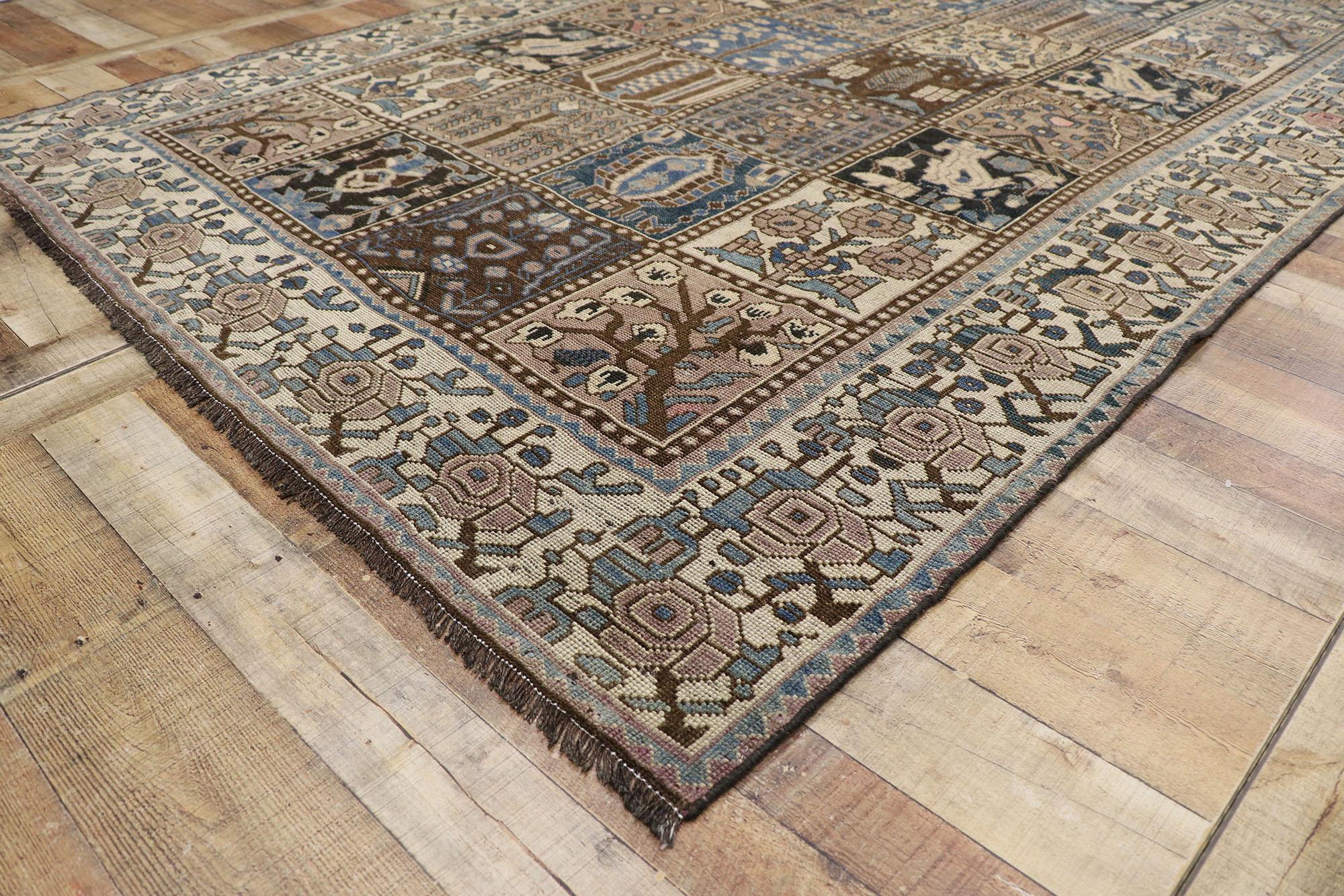 20th Century Distressed Antique Persian Shiraz Rug with Garden Panel Four Seasons Design For Sale