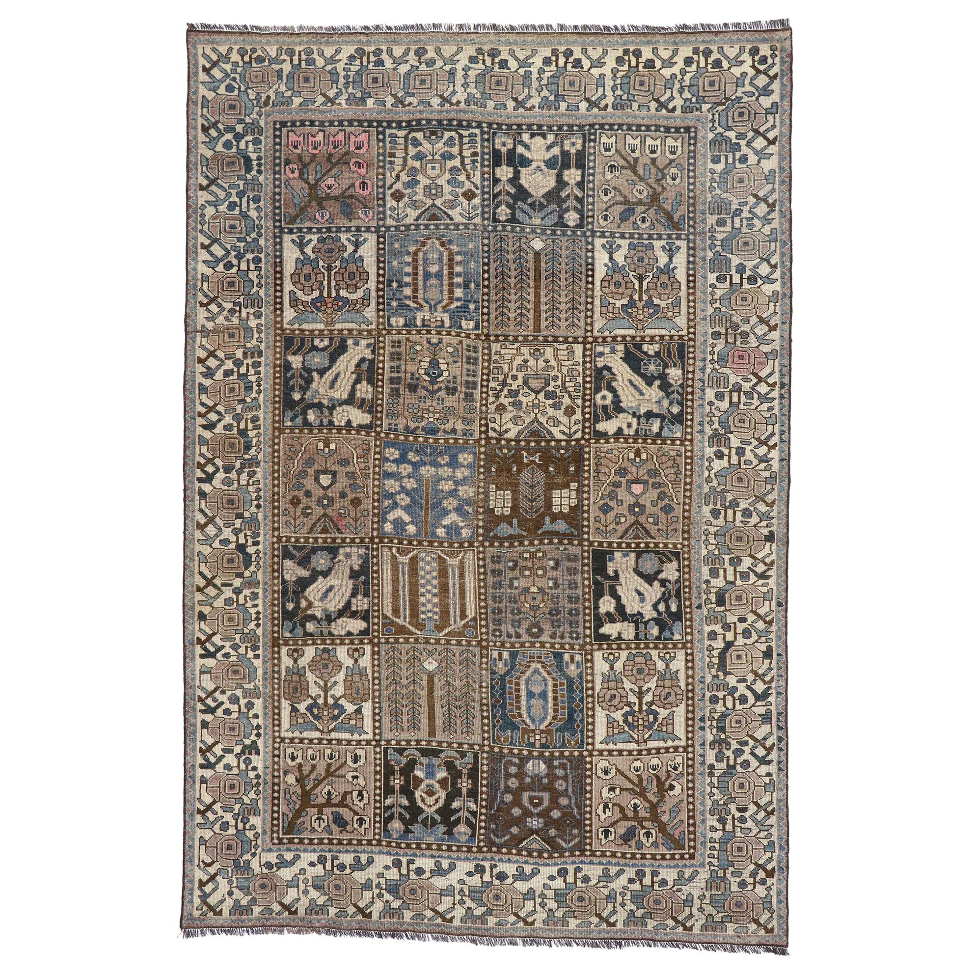Distressed Antique Persian Shiraz Rug with Garden Panel Four Seasons Design For Sale