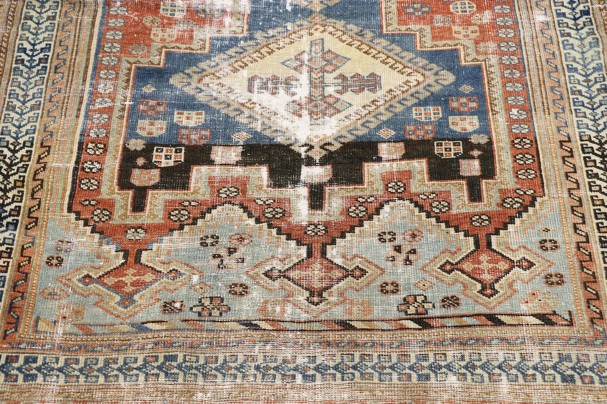 Distressed Antique Persian Shiraz Rug with Modern Rustic Tribal Style In Distressed Condition For Sale In Dallas, TX
