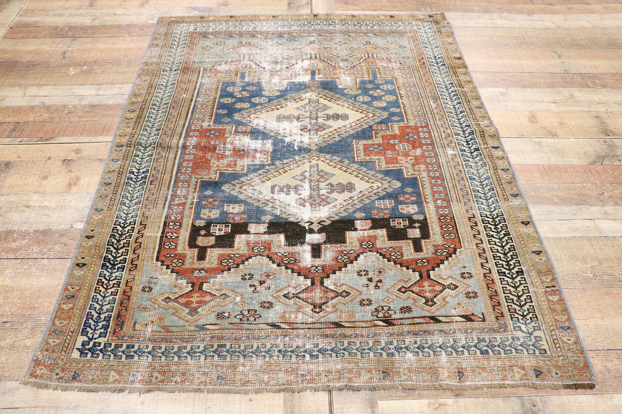 Distressed Antique Persian Shiraz Rug with Modern Rustic Tribal Style For Sale 1