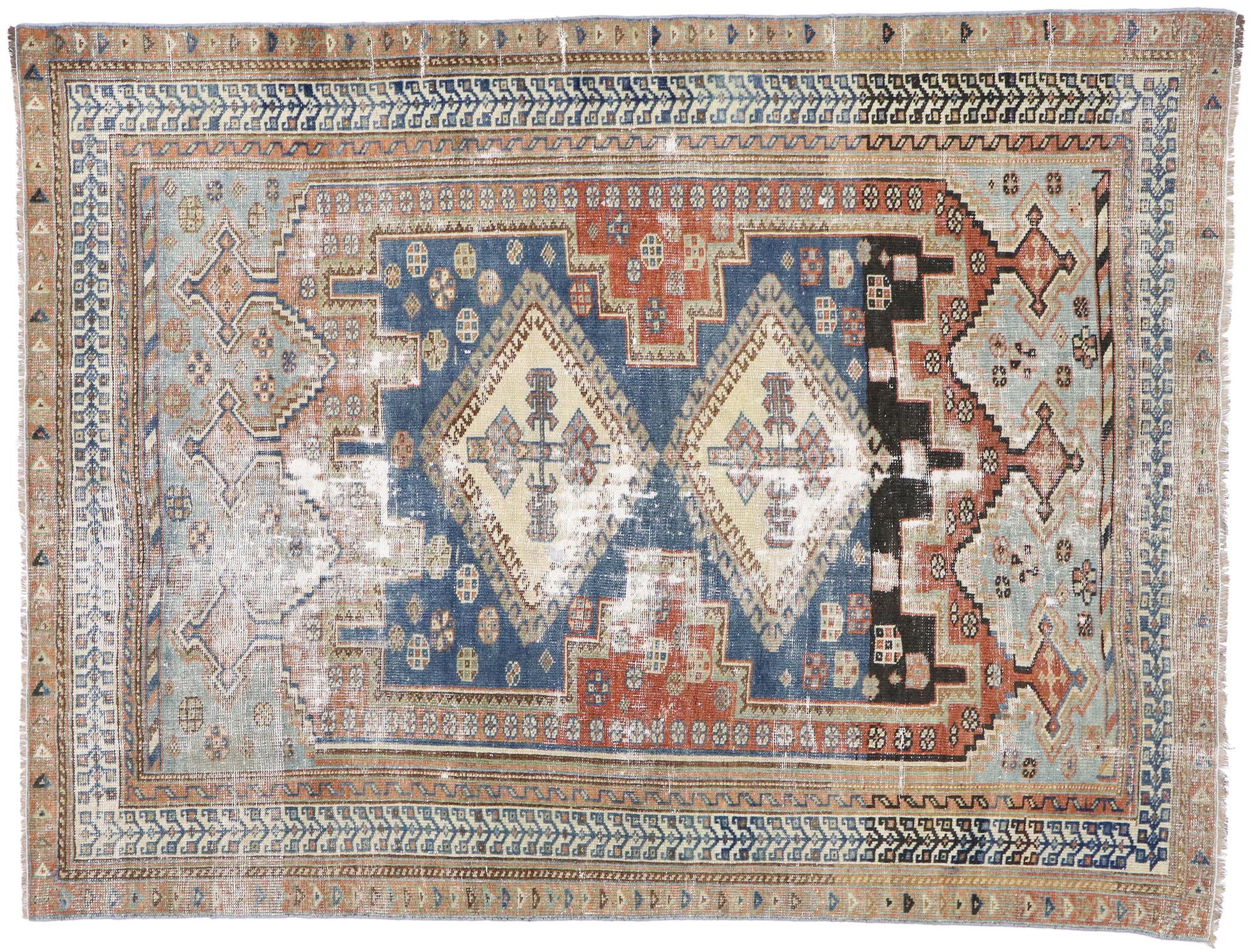 Distressed Antique Persian Shiraz Rug with Modern Rustic Tribal Style For Sale 3