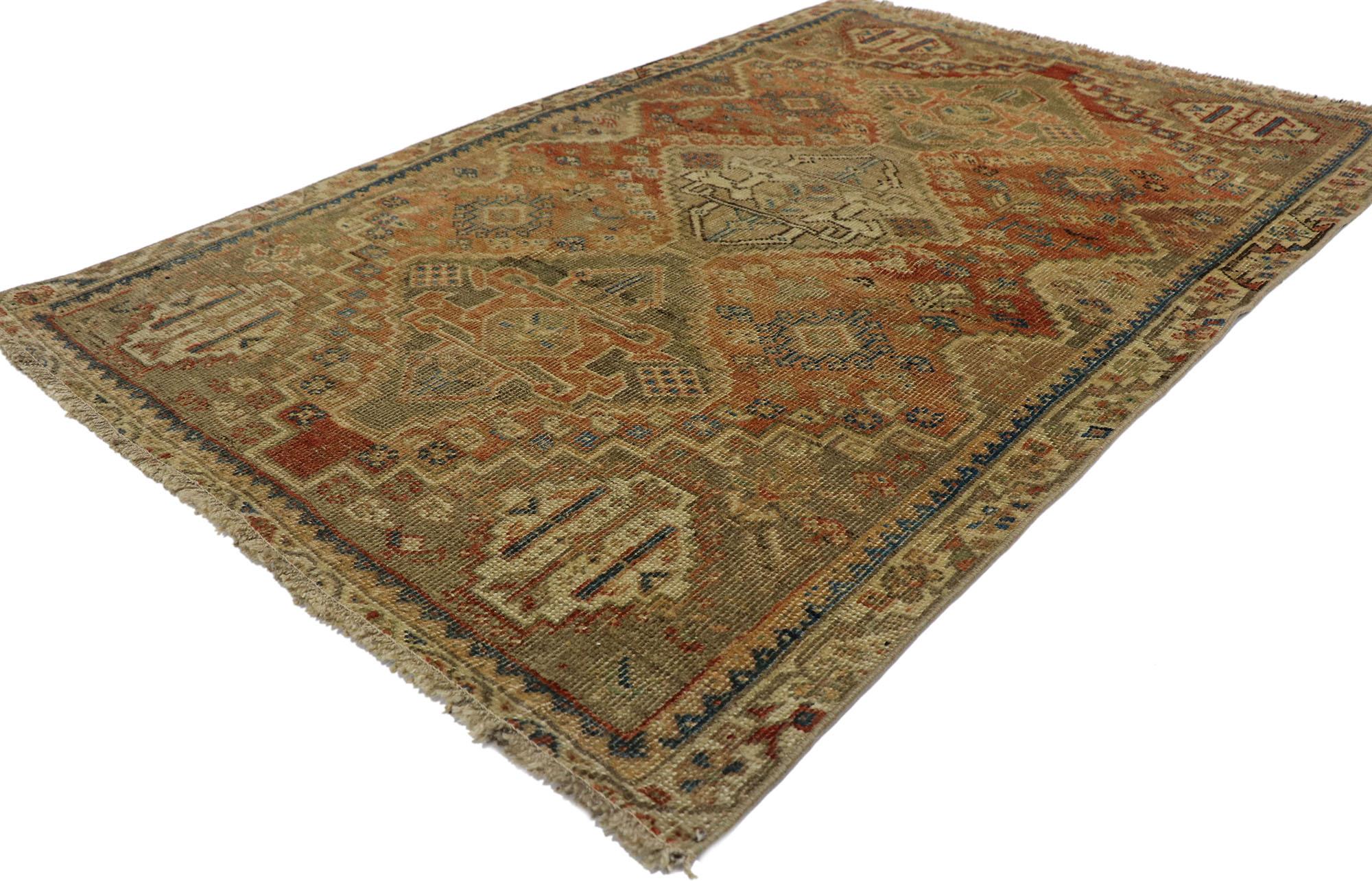 53651 distressed antique Persian Shiraz rug with Rustic Tribal style 03'04 x 05'00. Balancing traditional sensibility and tribal design elements with nostalgic charm, this hand knotted wool distressed antique Persian Shiraz rug can beautifully blend