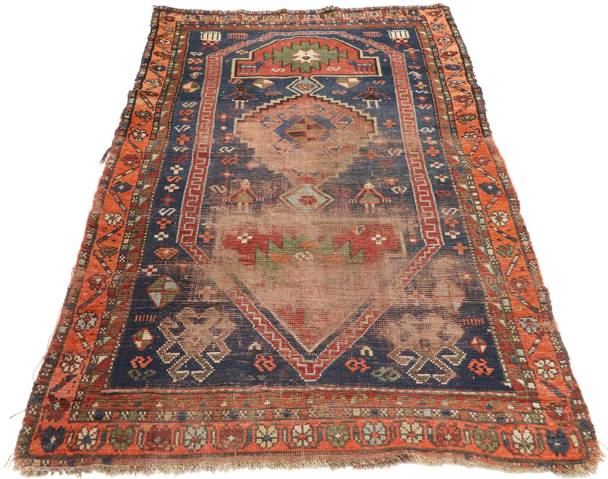Hand-Knotted Distressed Antique Persian Shiraz Rug with Rustic Tribal Style For Sale