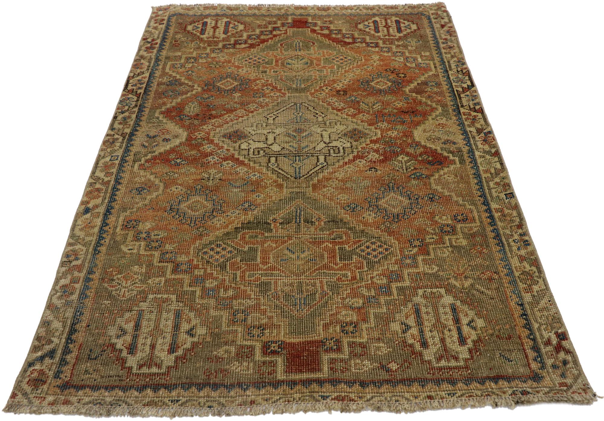 Hand-Knotted Distressed Antique Persian Shiraz Rug with Rustic Tribal Style For Sale
