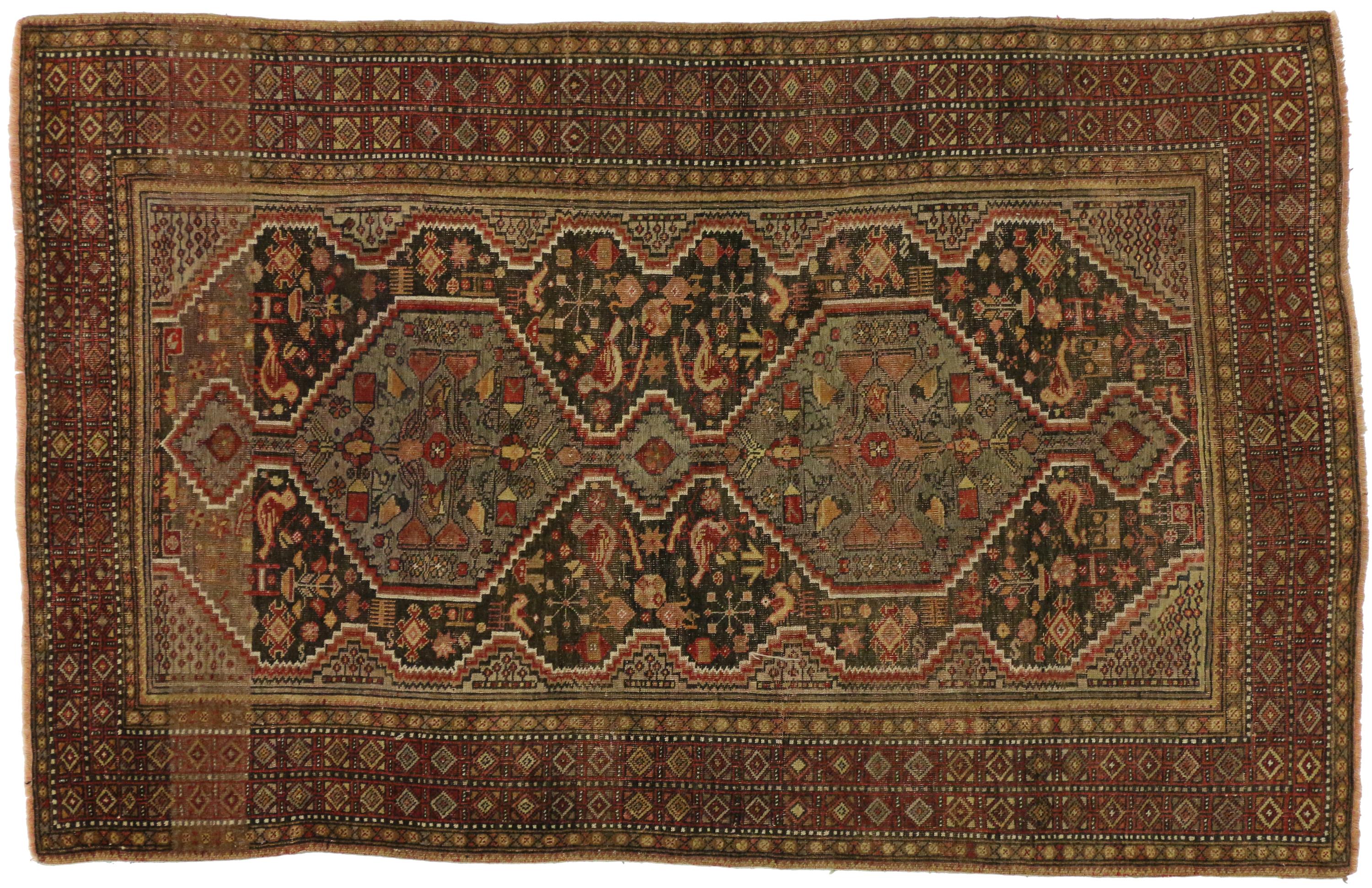 Distressed Antique Persian Shiraz Rug with Rustic Tribal Style In Distressed Condition In Dallas, TX