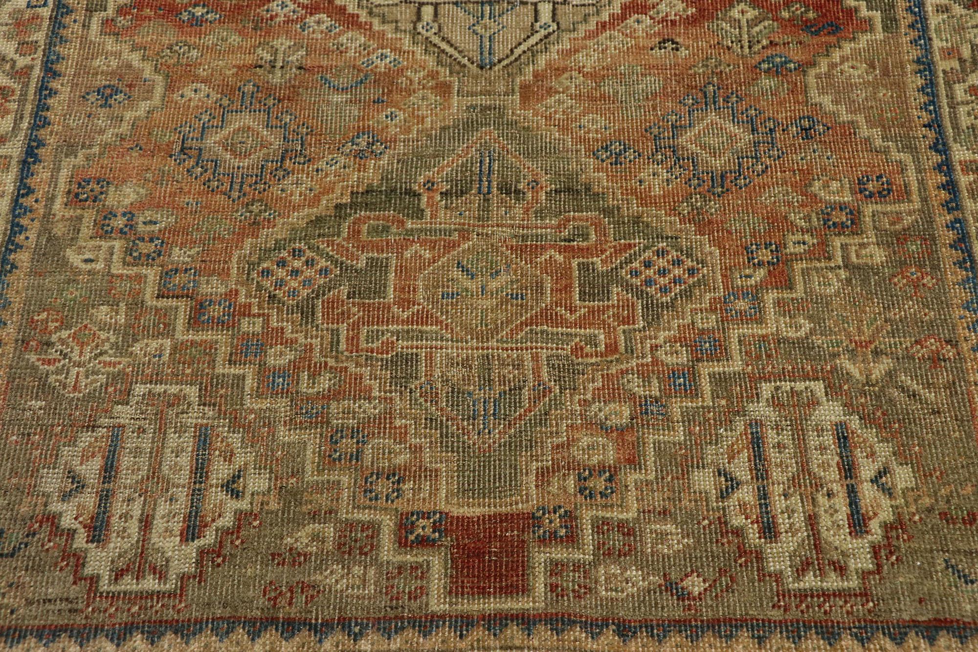 Distressed Antique Persian Shiraz Rug with Rustic Tribal Style In Distressed Condition For Sale In Dallas, TX