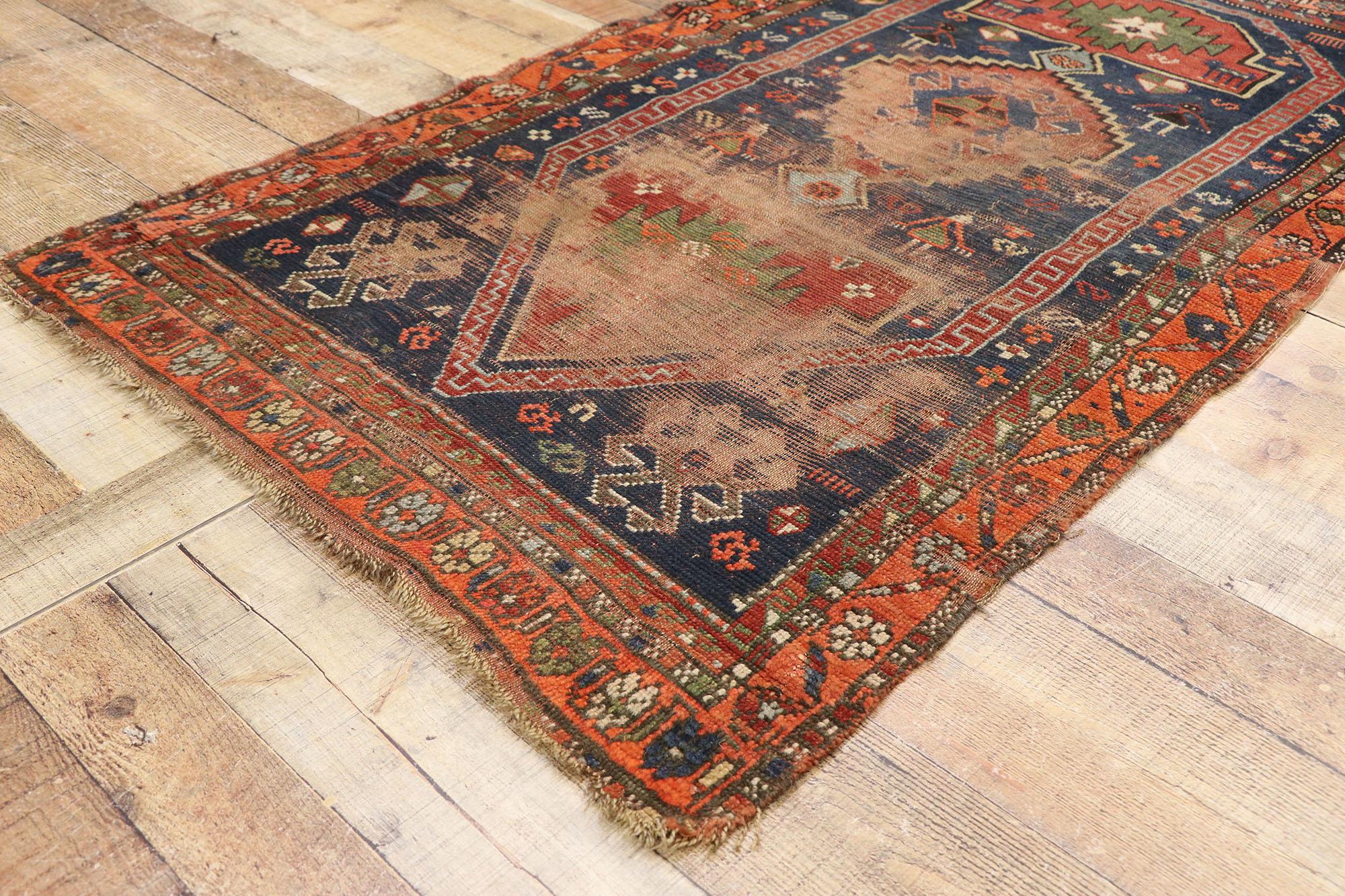 Wool Distressed Antique Persian Shiraz Rug with Rustic Tribal Style For Sale