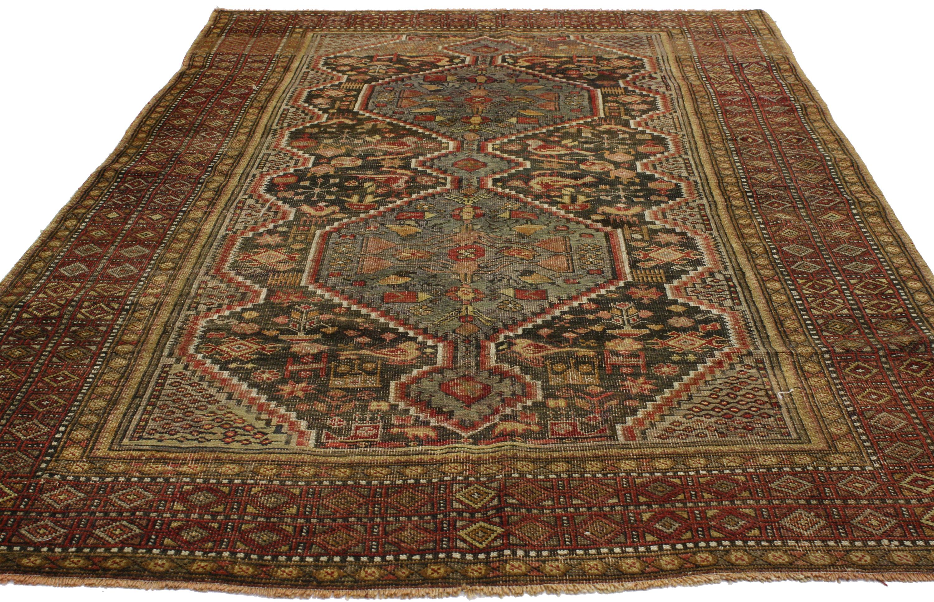 Wool Distressed Antique Persian Shiraz Rug with Rustic Tribal Style