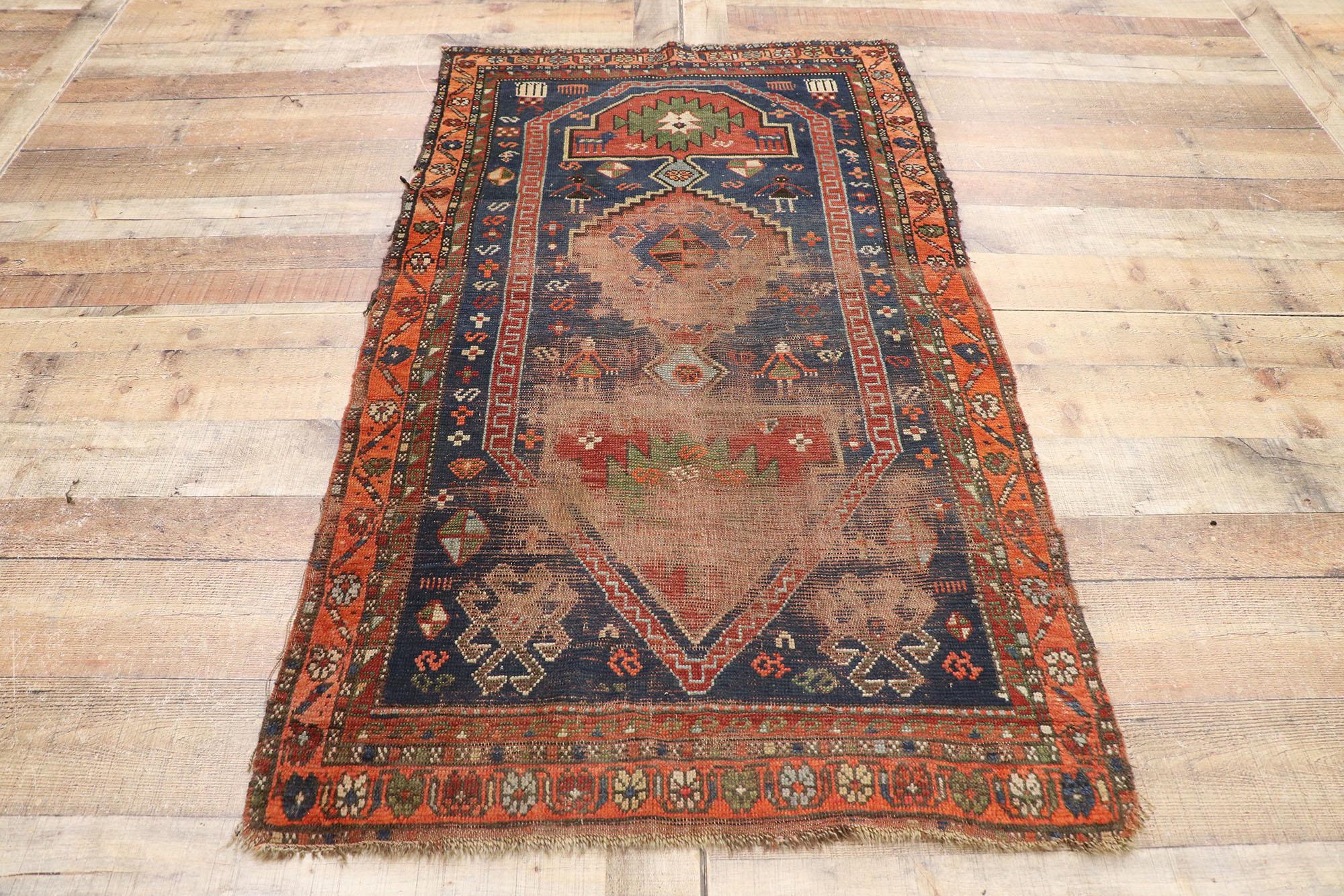 Distressed Antique Persian Shiraz Rug with Rustic Tribal Style For Sale 1