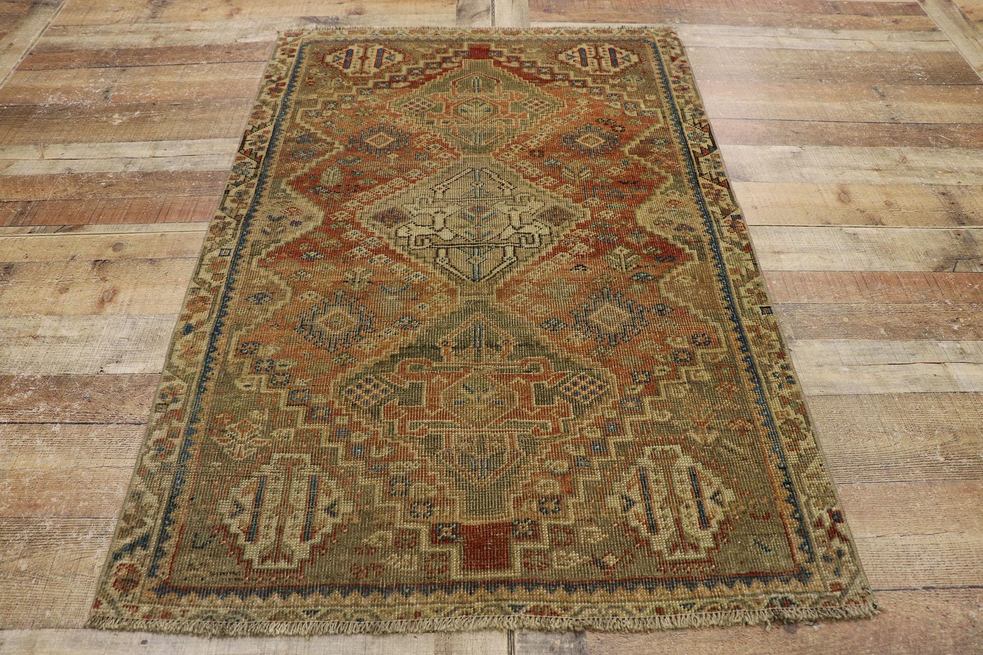 Distressed Antique Persian Shiraz Rug with Rustic Tribal Style For Sale 1