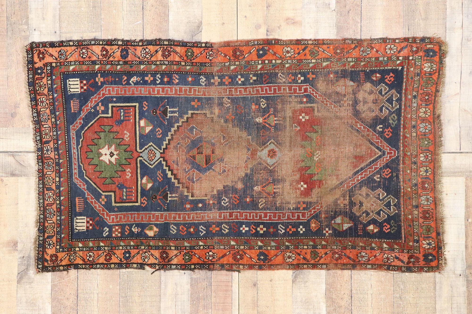 Distressed Antique Persian Shiraz Rug with Rustic Tribal Style For Sale 2