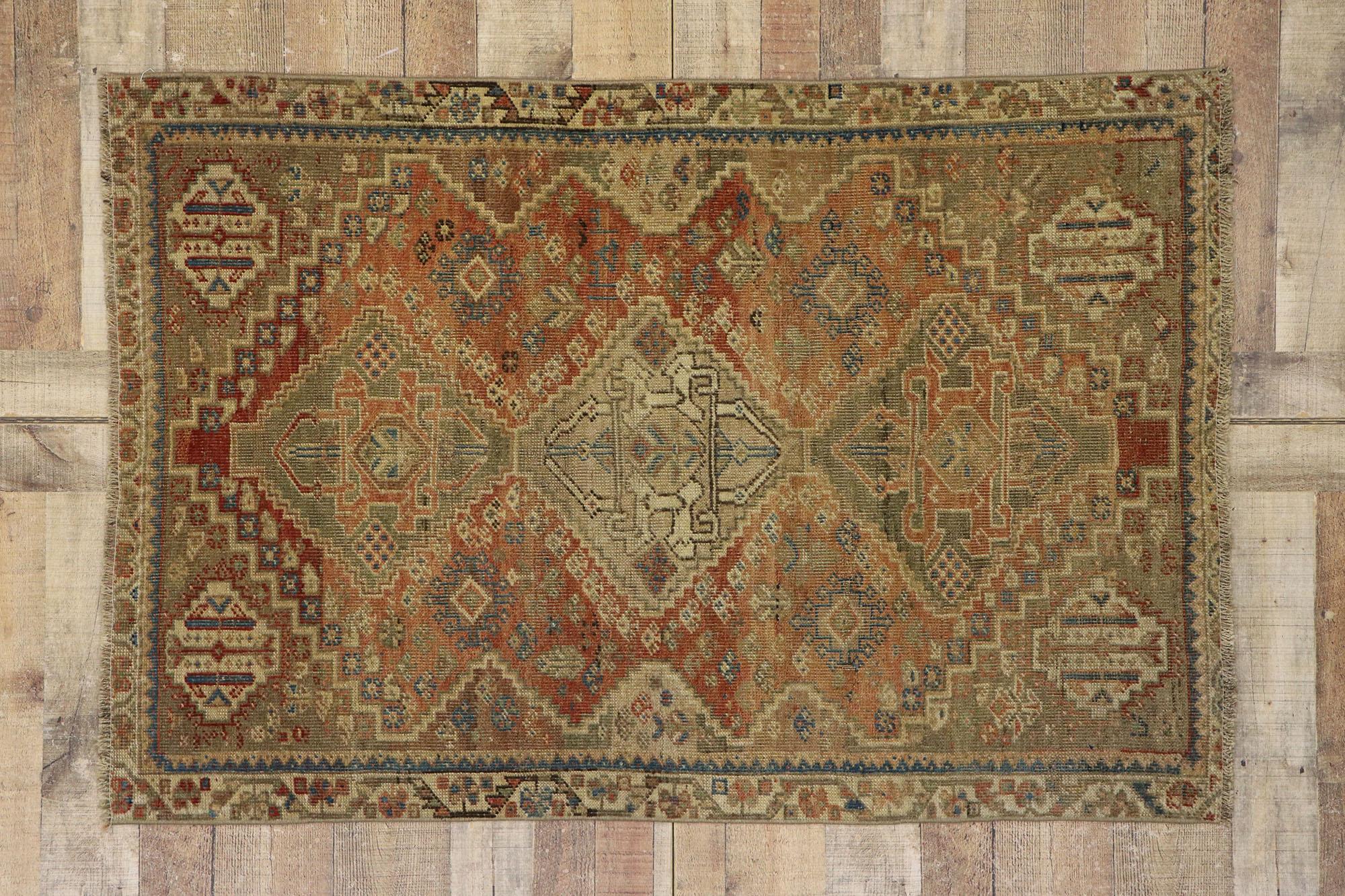 Distressed Antique Persian Shiraz Rug with Rustic Tribal Style For Sale 2