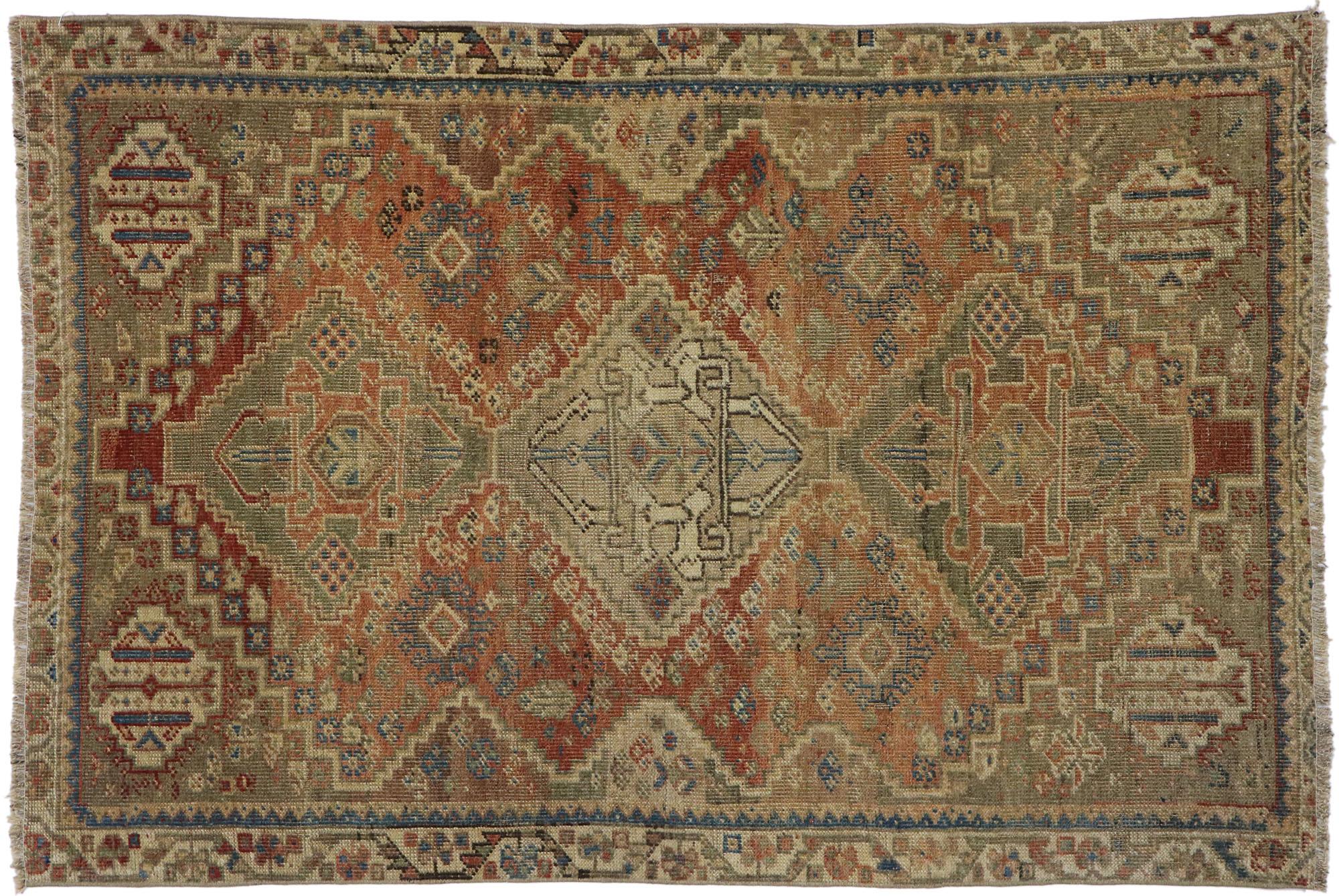Distressed Antique Persian Shiraz Rug with Rustic Tribal Style For Sale 3