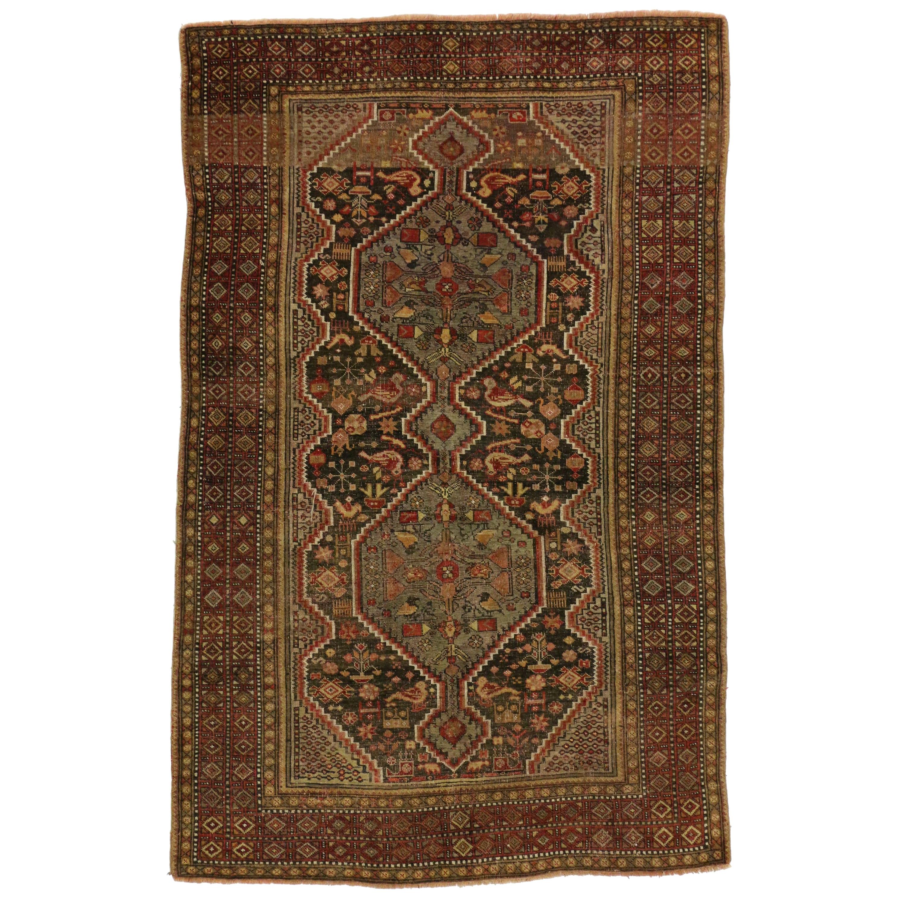 Distressed Antique Persian Shiraz Rug with Rustic Tribal Style