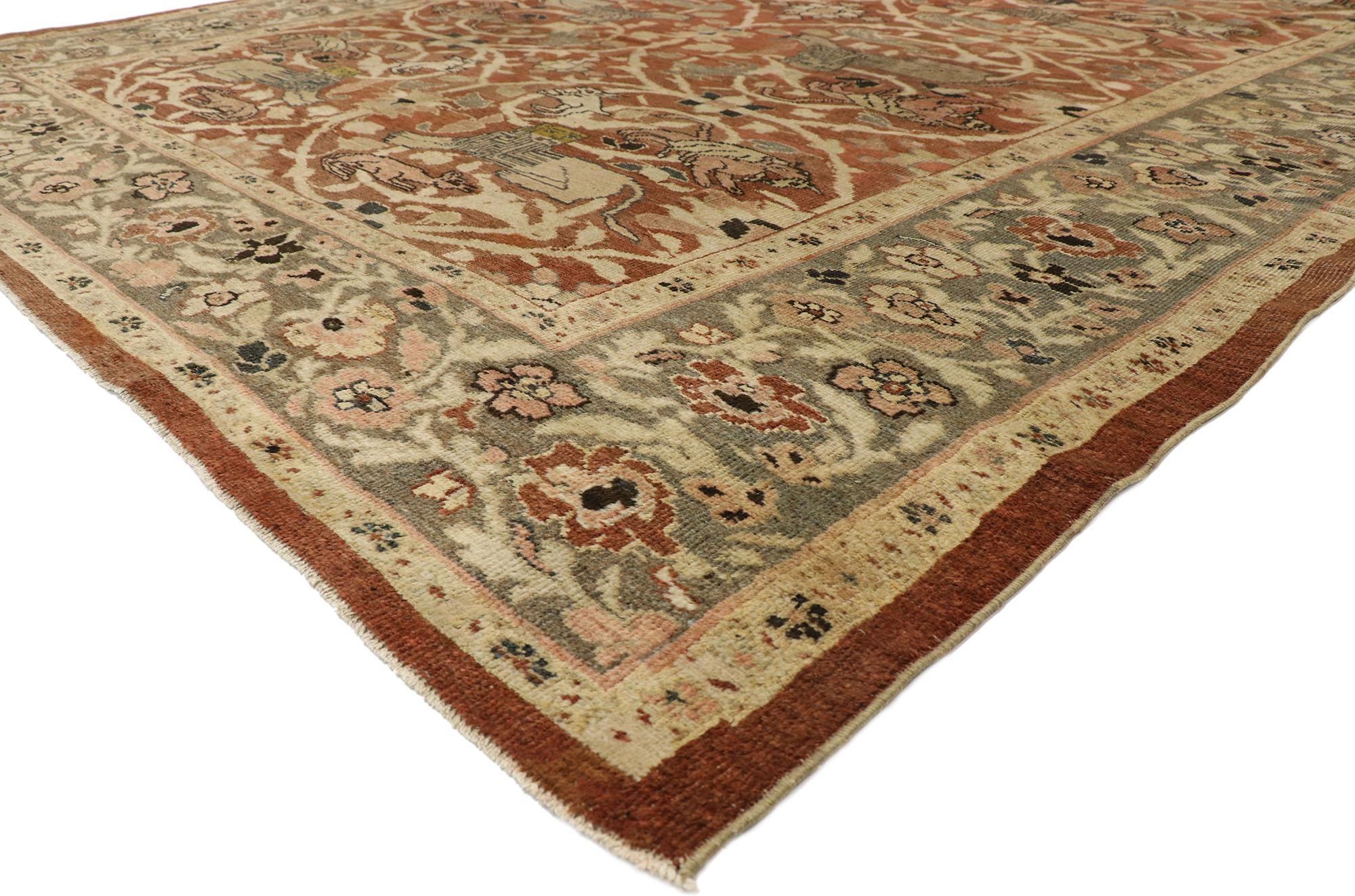 74840 distressed antique Persian Sultanabad Rug with Hunting Scene and Arts & Crafts Style. The architectural elements of naturalistic forms combined with Arts & Crafts style, this hand knotted wool antique Persian Sultanabad rug astounds with its