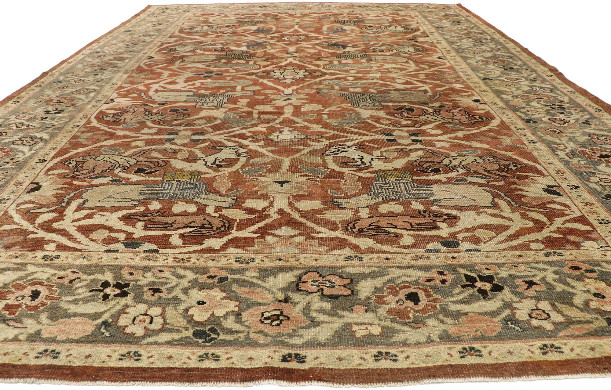Hand-Knotted Antique-Worn Persian Sultanabad Hunting Rug, Laid-Back Luxury Meets Rustic Style For Sale