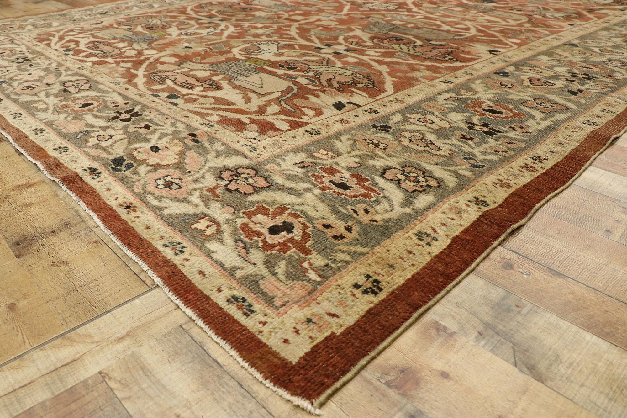 Wool Antique-Worn Persian Sultanabad Hunting Rug, Laid-Back Luxury Meets Rustic Style For Sale