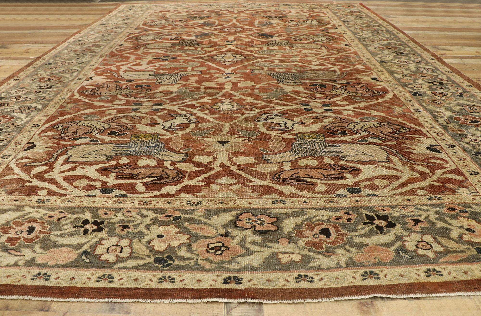 Antique-Worn Persian Sultanabad Hunting Rug, Laid-Back Luxury Meets Rustic Style For Sale 1