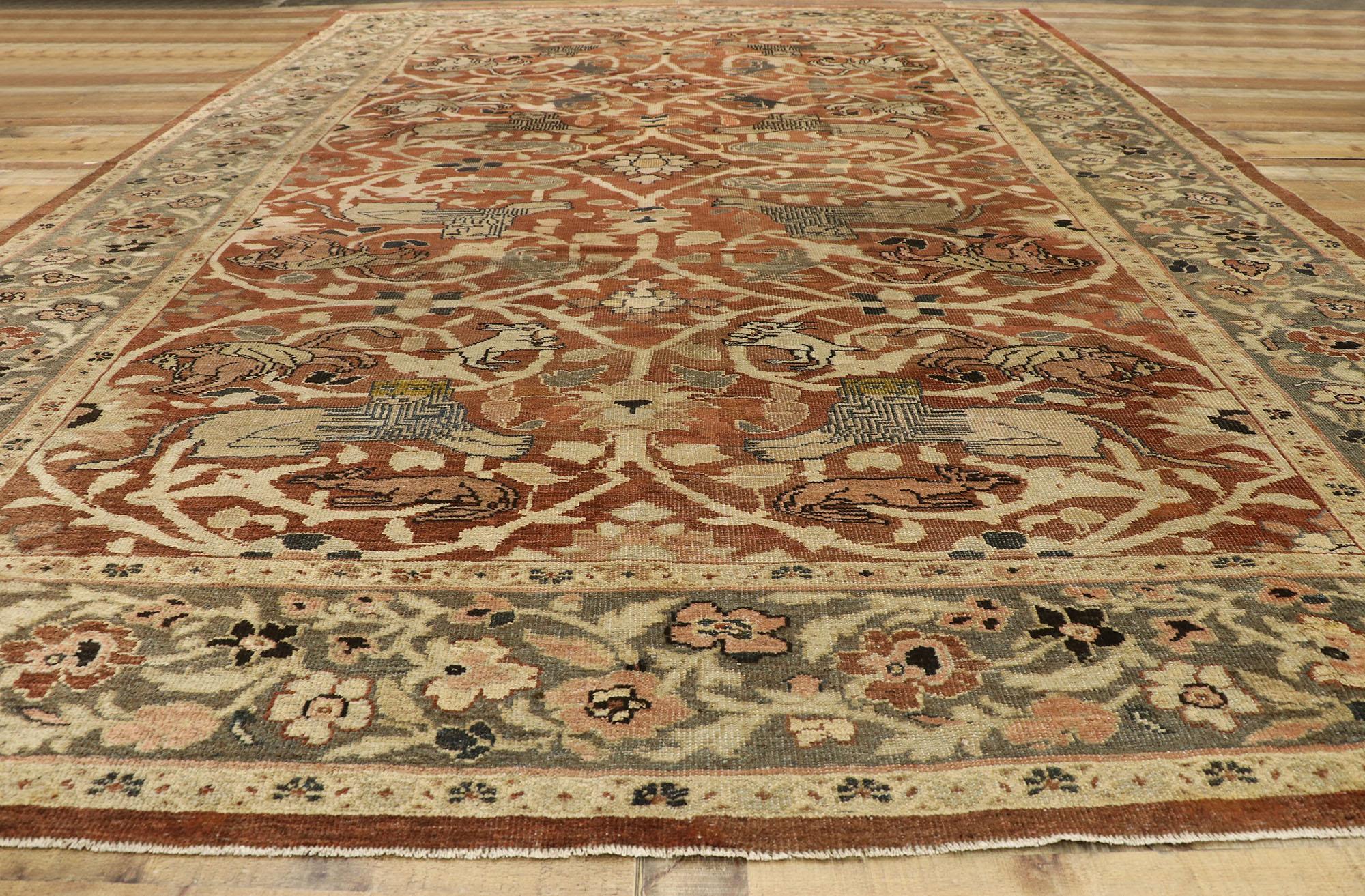 Laine Tapis persan ancien en relief avec scène de chasse Sultanabad:: style artisanal & en vente