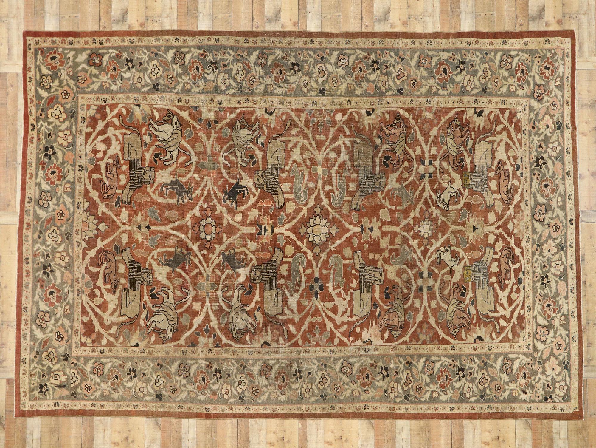Antique-Worn Persian Sultanabad Hunting Rug, Laid-Back Luxury Meets Rustic Style For Sale 2