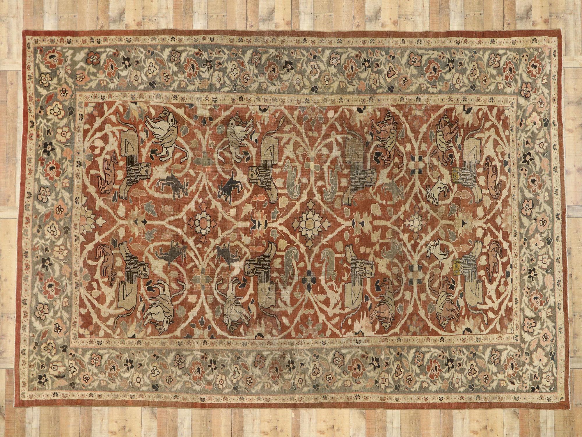 Antico tappeto persiano Sultanabad Rugs con scena di caccia in stile arti e mestieri in vendita 1