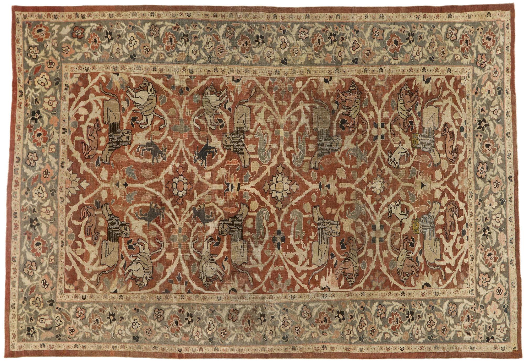 Antico tappeto persiano Sultanabad Rugs con scena di caccia in stile arti e mestieri in vendita 2