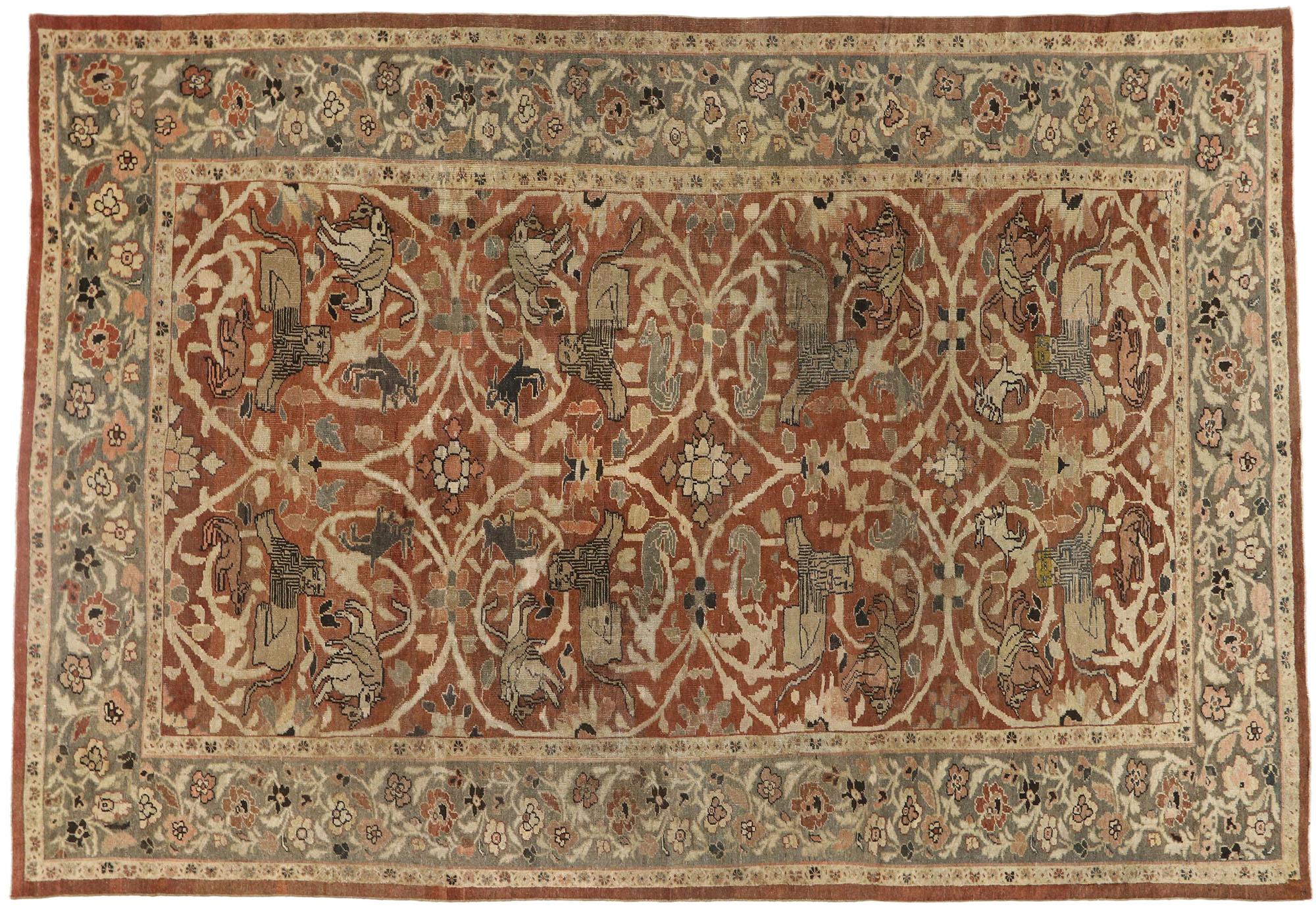 Antique-Worn Persian Sultanabad Hunting Rug, Laid-Back Luxury Meets Rustic Style For Sale 3