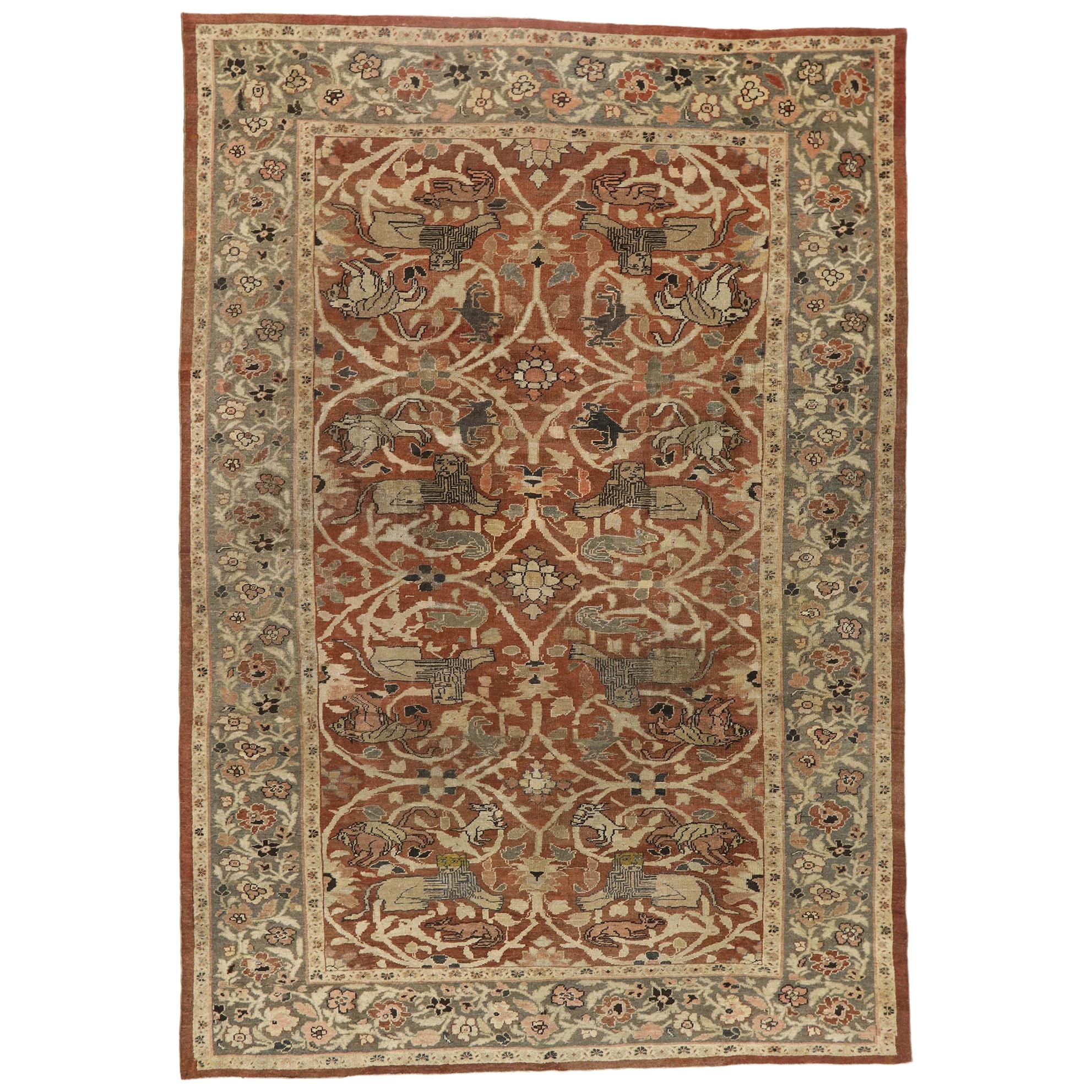 Antique-Worn Persian Sultanabad Hunting Rug, Laid-Back Luxury Meets Rustic Style For Sale