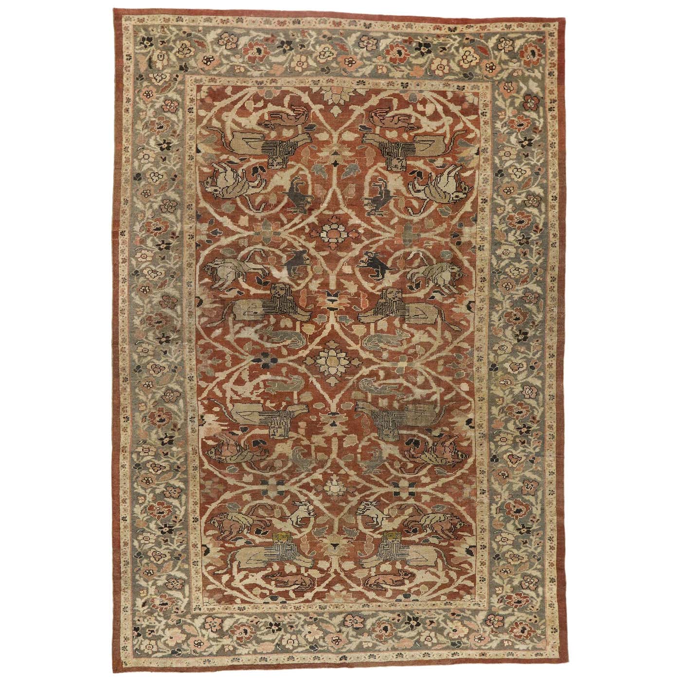 Distressed Antique Persian Sultanabad Hunting Scene Rug with Arts and ...