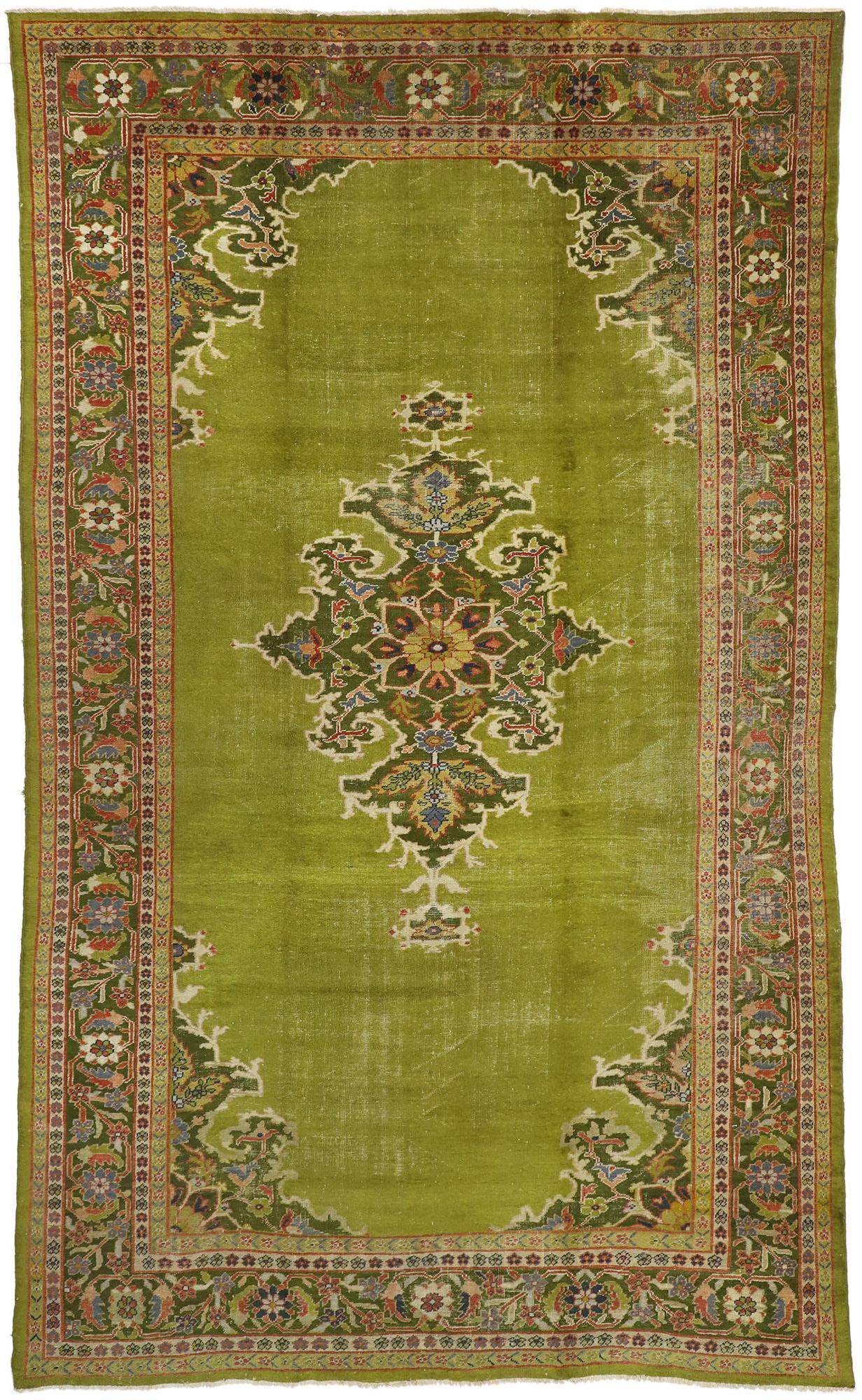 74747 Late 19th Century Distressed Antique Persian Sultanabad Palace Rug with Bold English Chintz Style 08'11 x 15'00. Balancing a timeless floral design in bold colors with traditional sensibility and a lovingly timeworn patina, this hand knotted