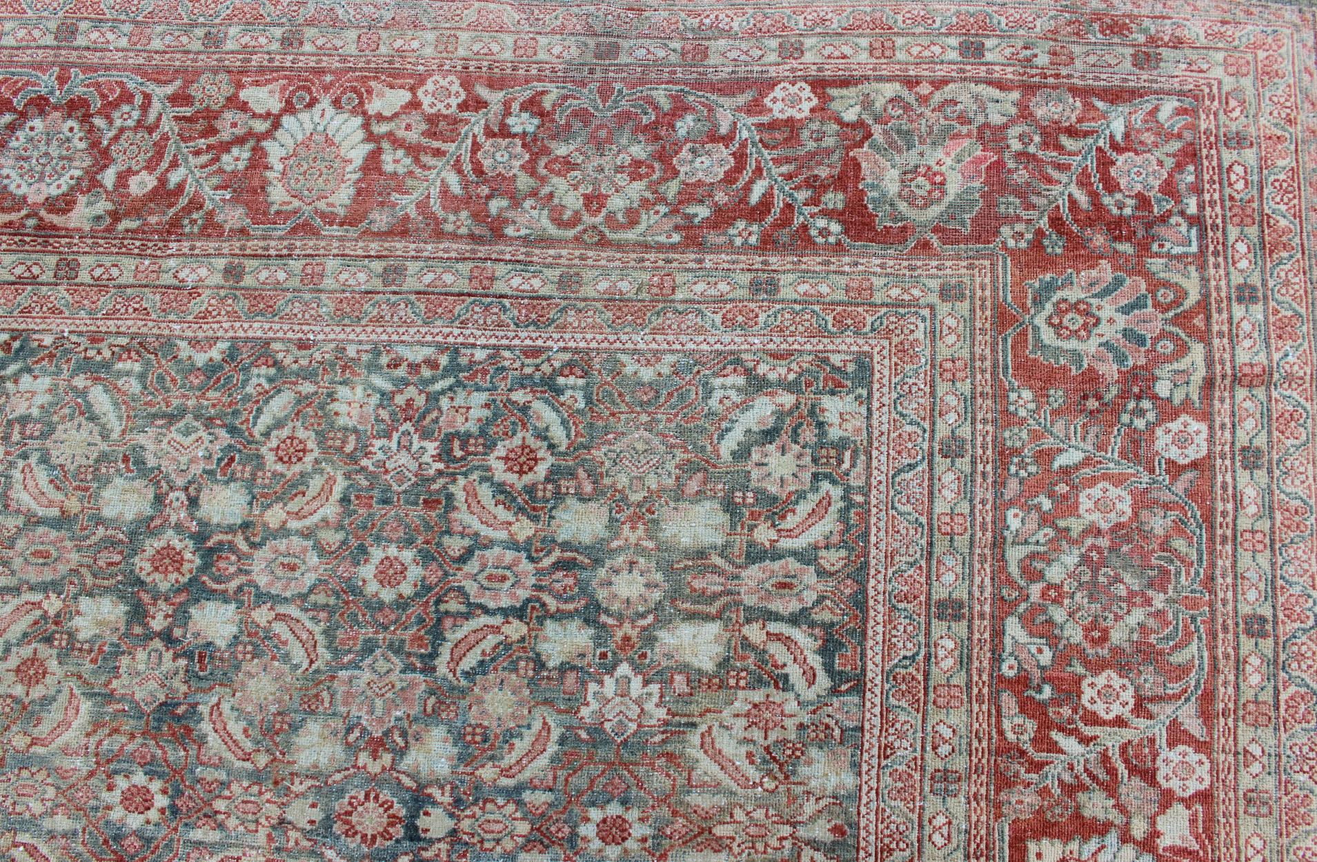 Distressed Antique Persian Sultanabad Rug in Faded Blue Background For Sale 7