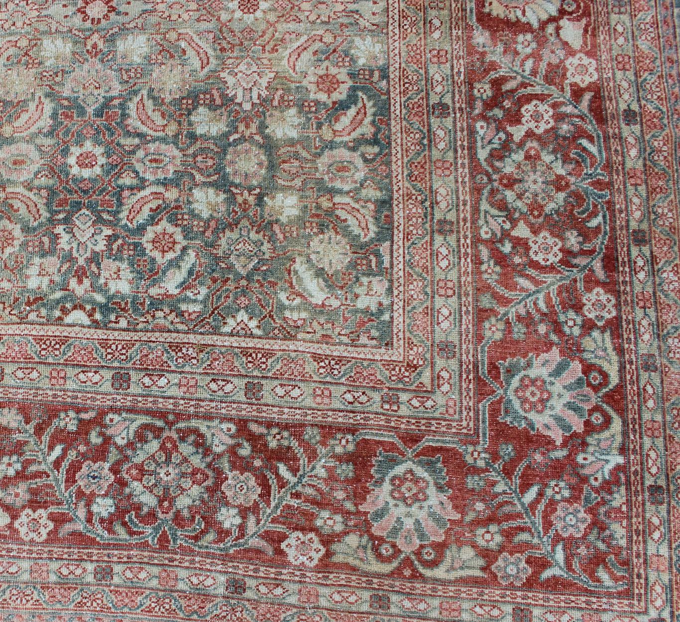 Distressed Antique Persian Sultanabad Rug in Faded Blue Background For Sale 8