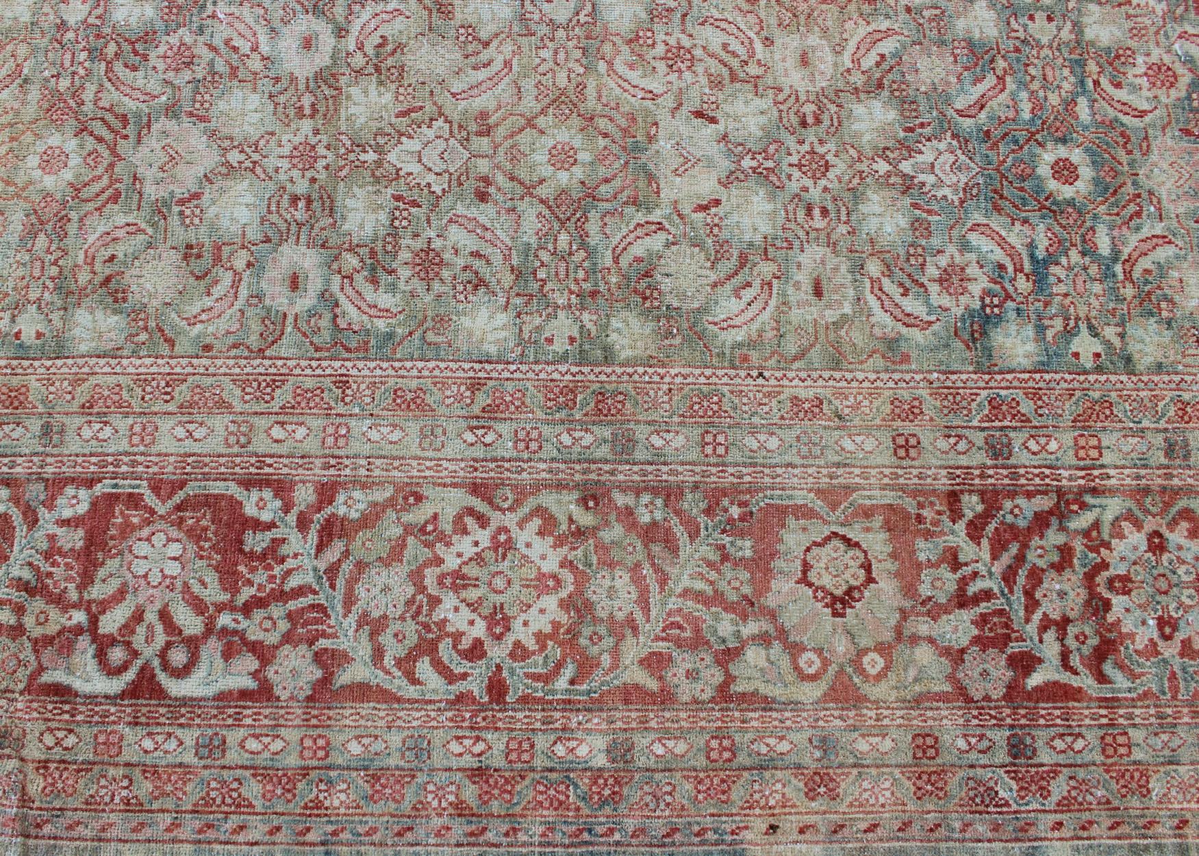 Distressed Antique Persian Sultanabad Rug in Faded Blue Background For Sale 9