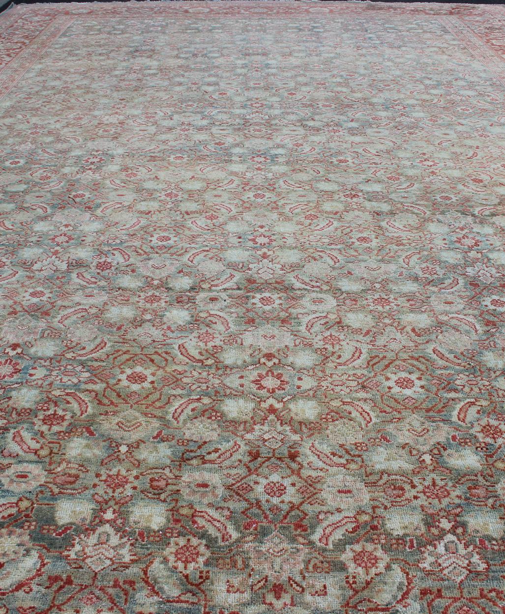 Hand-Knotted Distressed Antique Persian Sultanabad Rug in Faded Blue Background For Sale