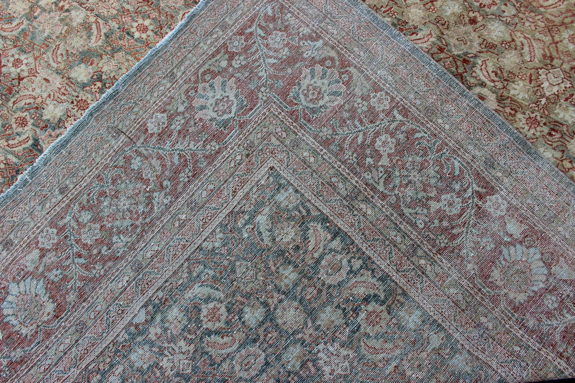 Wool Distressed Antique Persian Sultanabad Rug in Faded Blue Background For Sale
