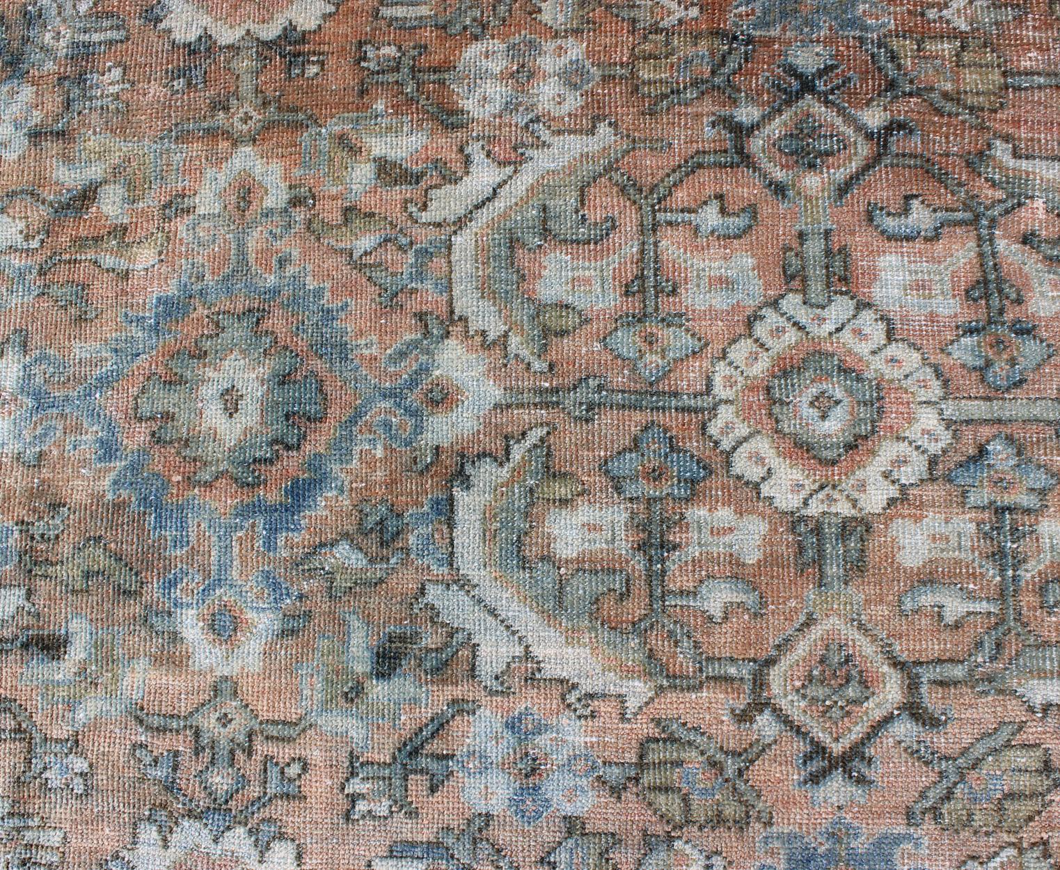 Distressed Antique Large Sultanabad Rug in Faded Red Background, Blue, Green 3