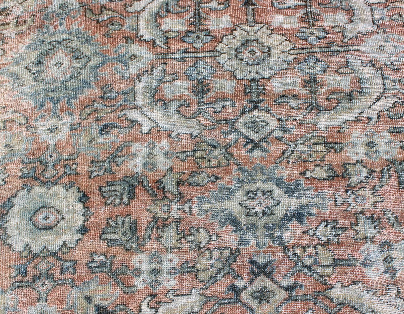 Distressed Antique Large Sultanabad Rug in Faded Red Background, Blue, Green 4