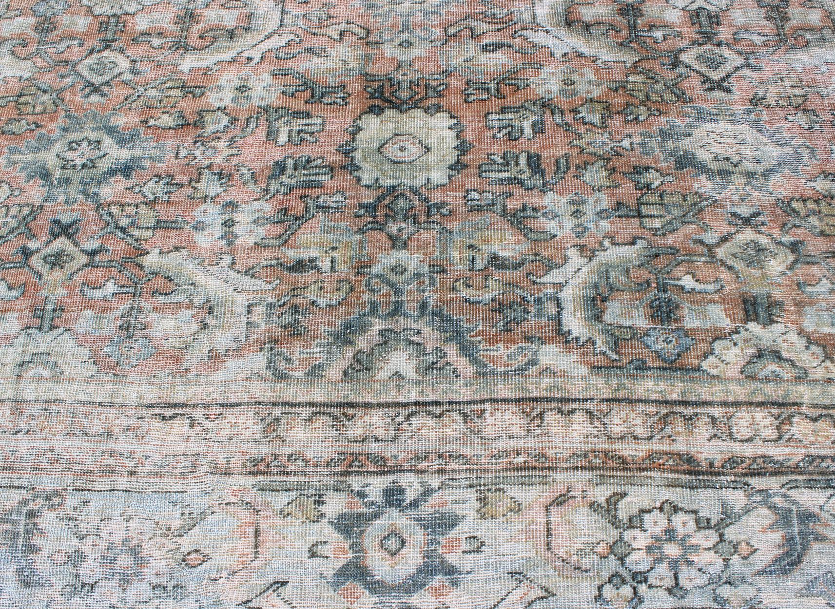 Distressed Antique Large Sultanabad Rug in Faded Red Background, Blue, Green 5